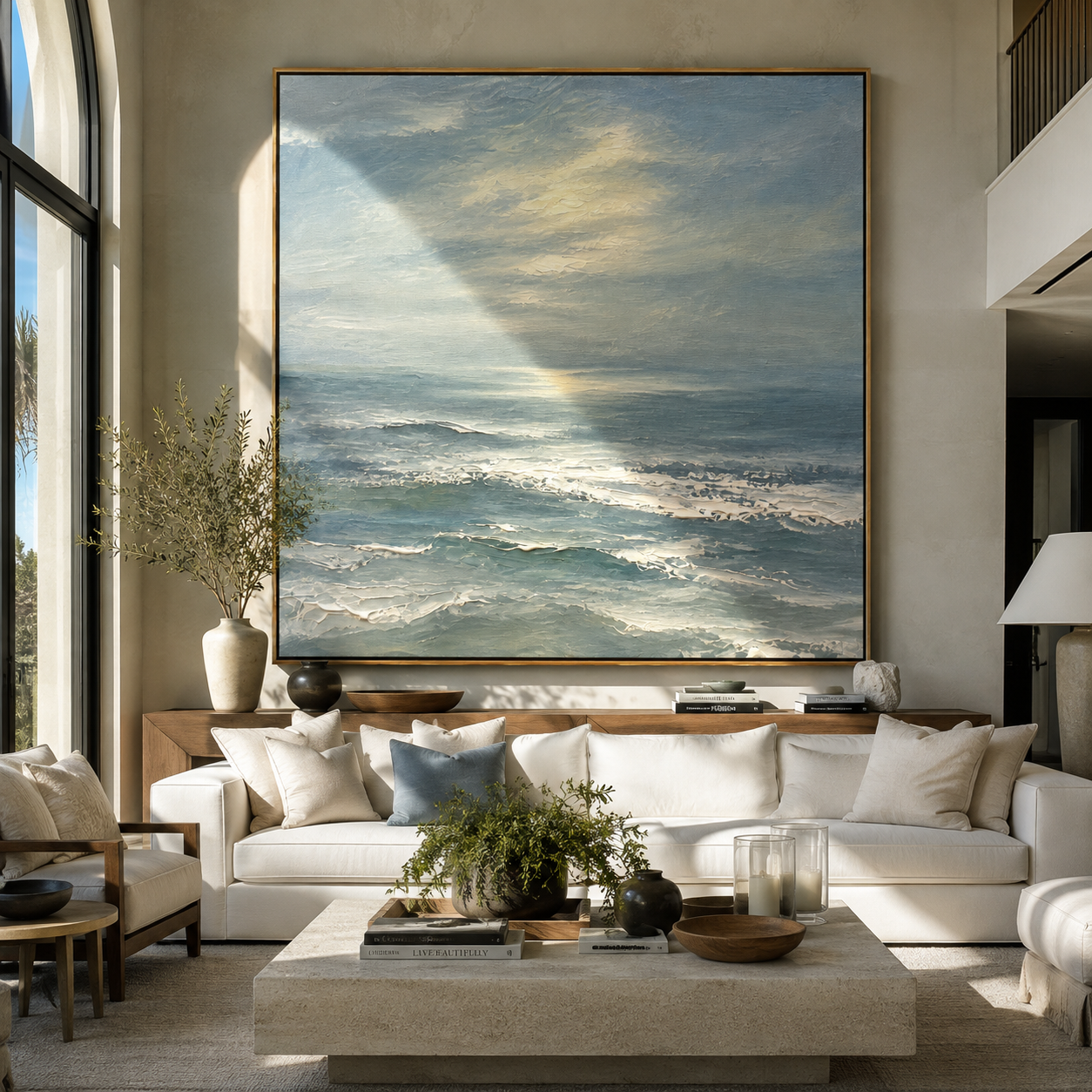Square seascape painting displayed above a dresser in a light-filled bedroom