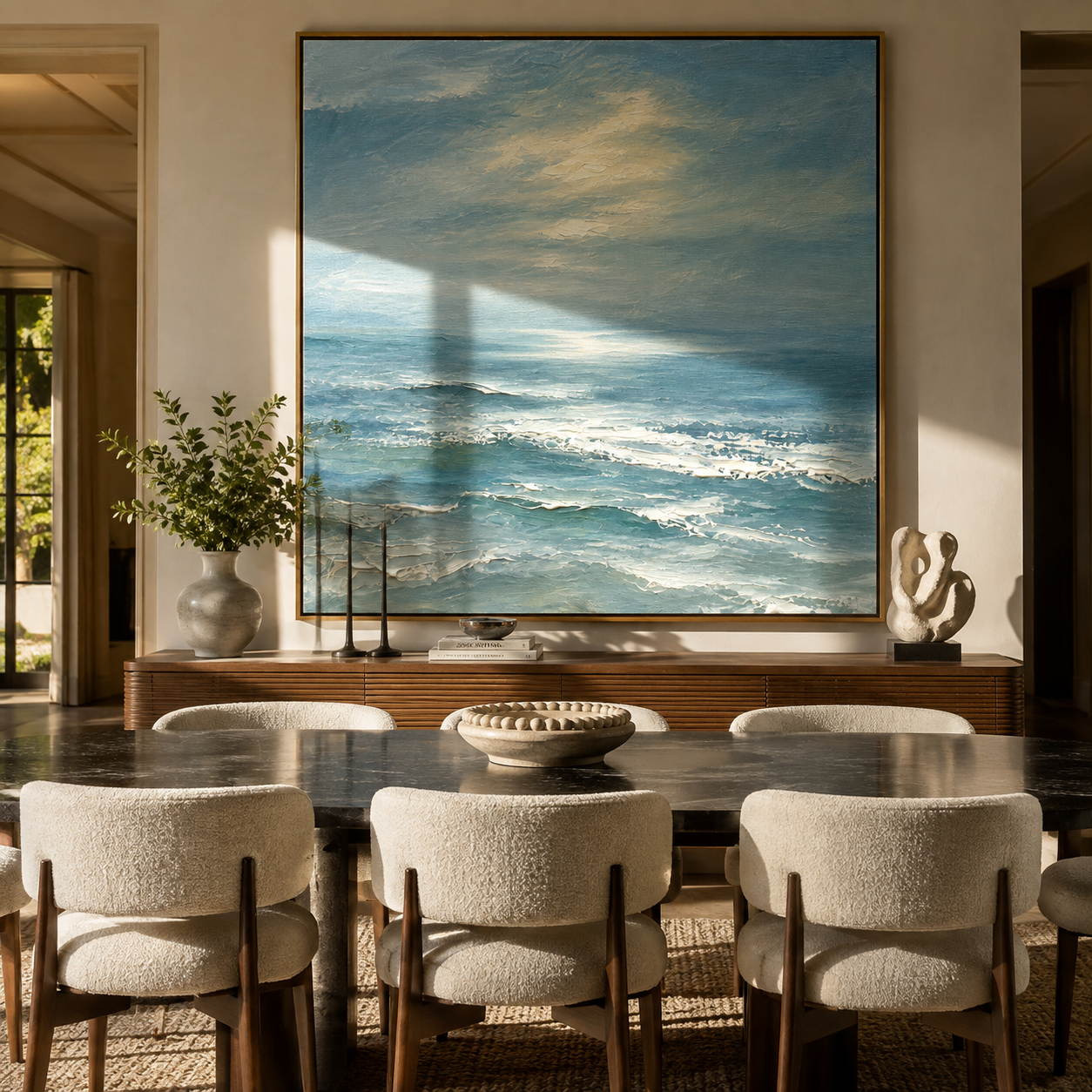 Textured coastal seascape canvas above a desk in a home office