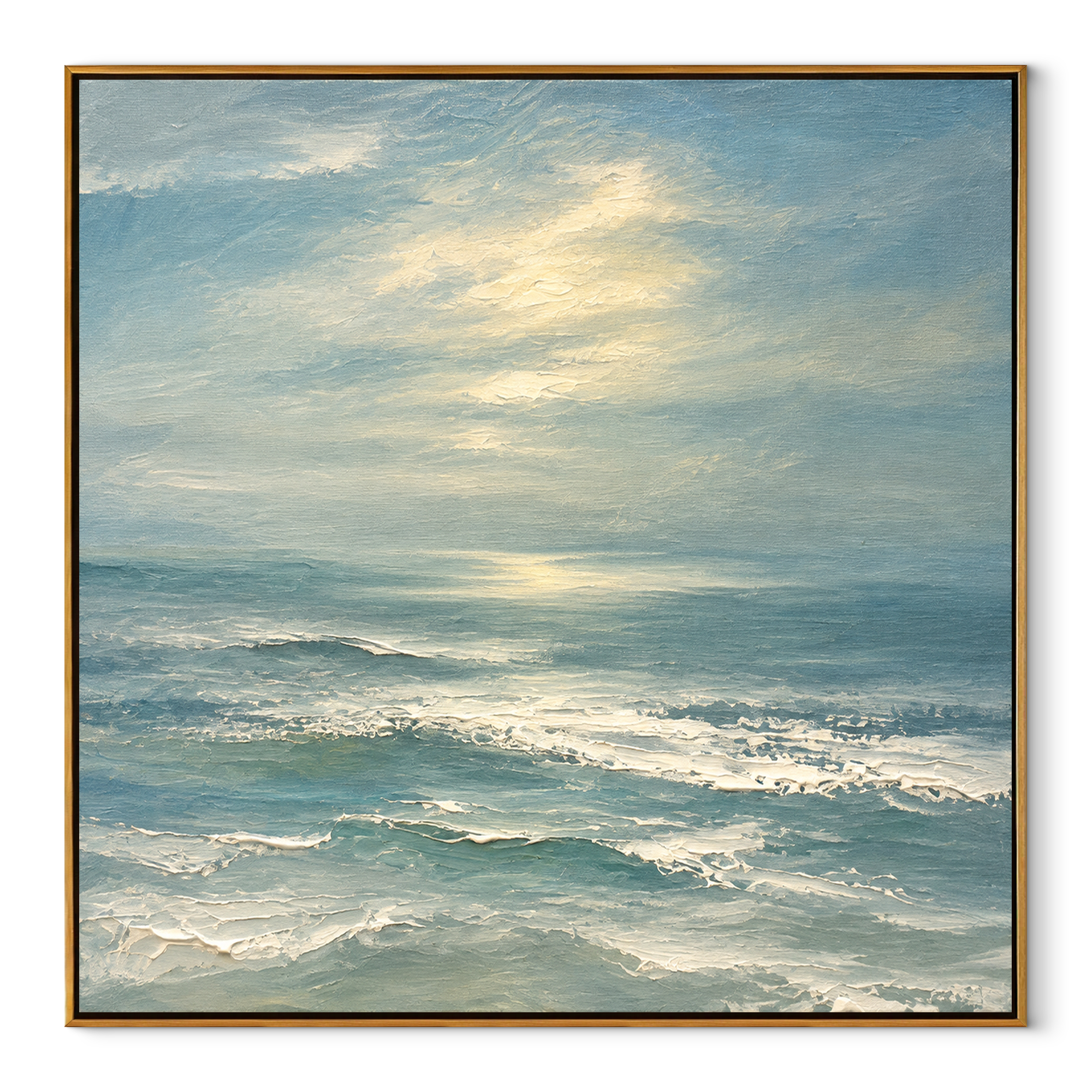 Hush Before Sunrise framed in wood, soft blue seascape canvas on white background