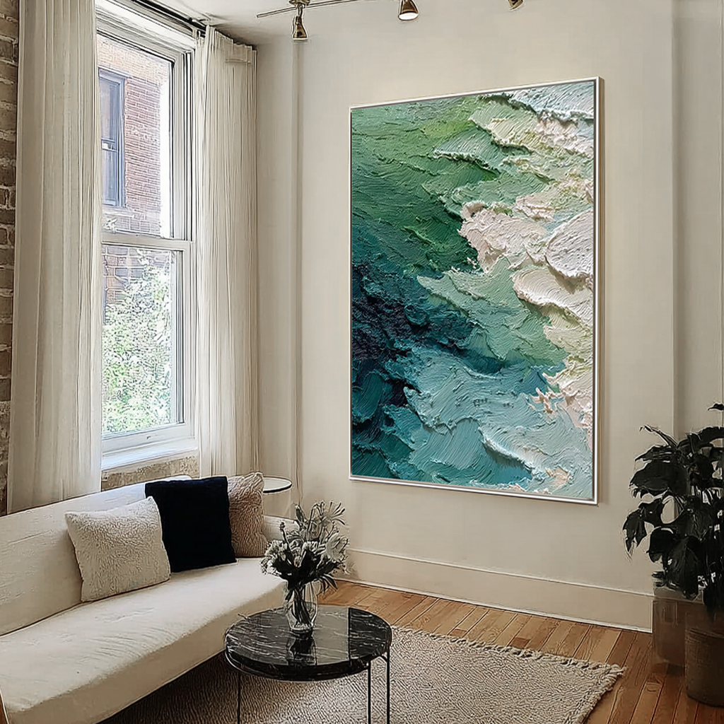 Moss Strata – Sage Green Abstract Shoreline Wabi-Sabi Painting | Japandi Wabi-Sabi Living Room & Bedroom Art