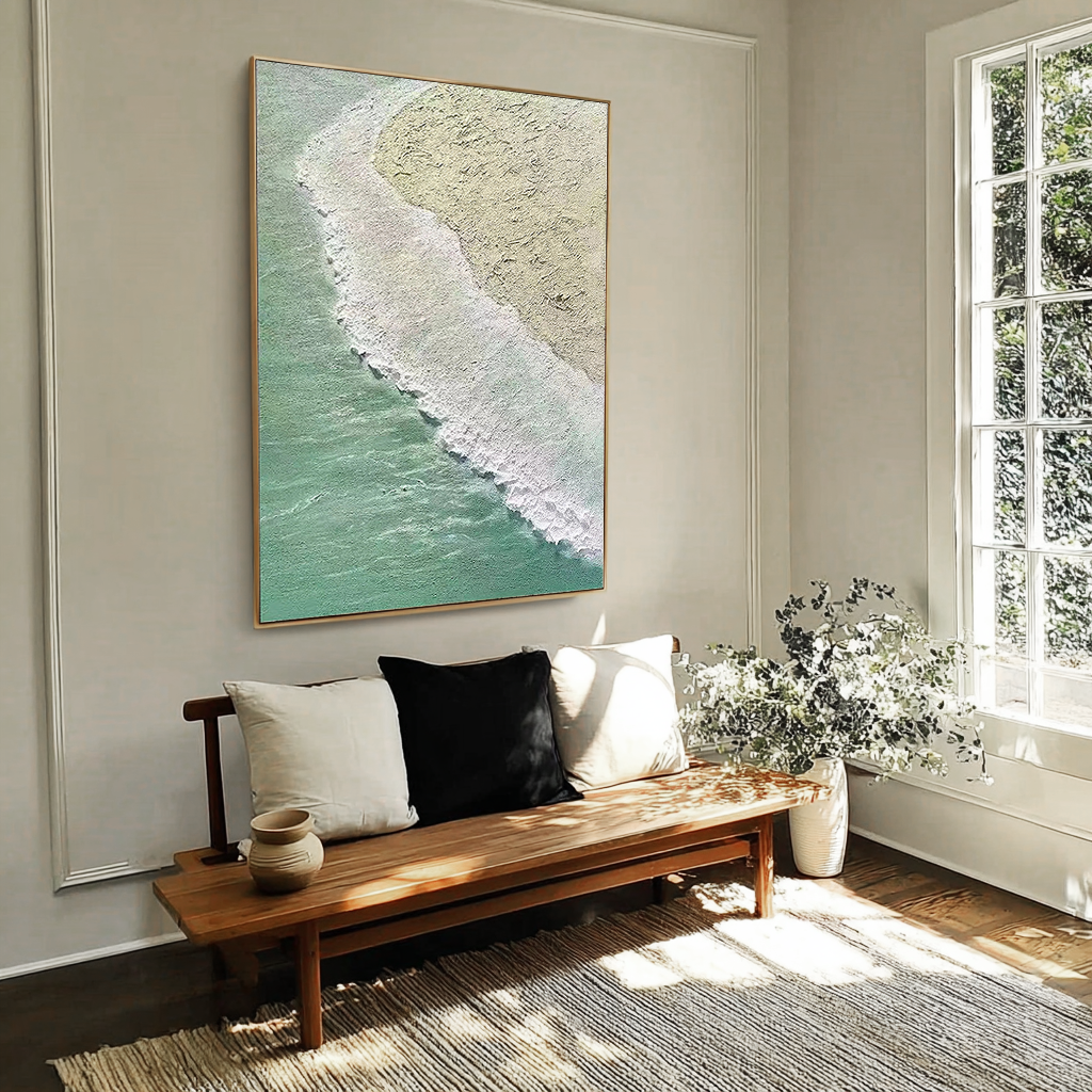 Coastal Rhythm – Hand-Painted Mint Green Sea Foam Aerial View 3D Plaster Effect Nature Painting | Contemporary Landscape Living Room & Dining Room Art