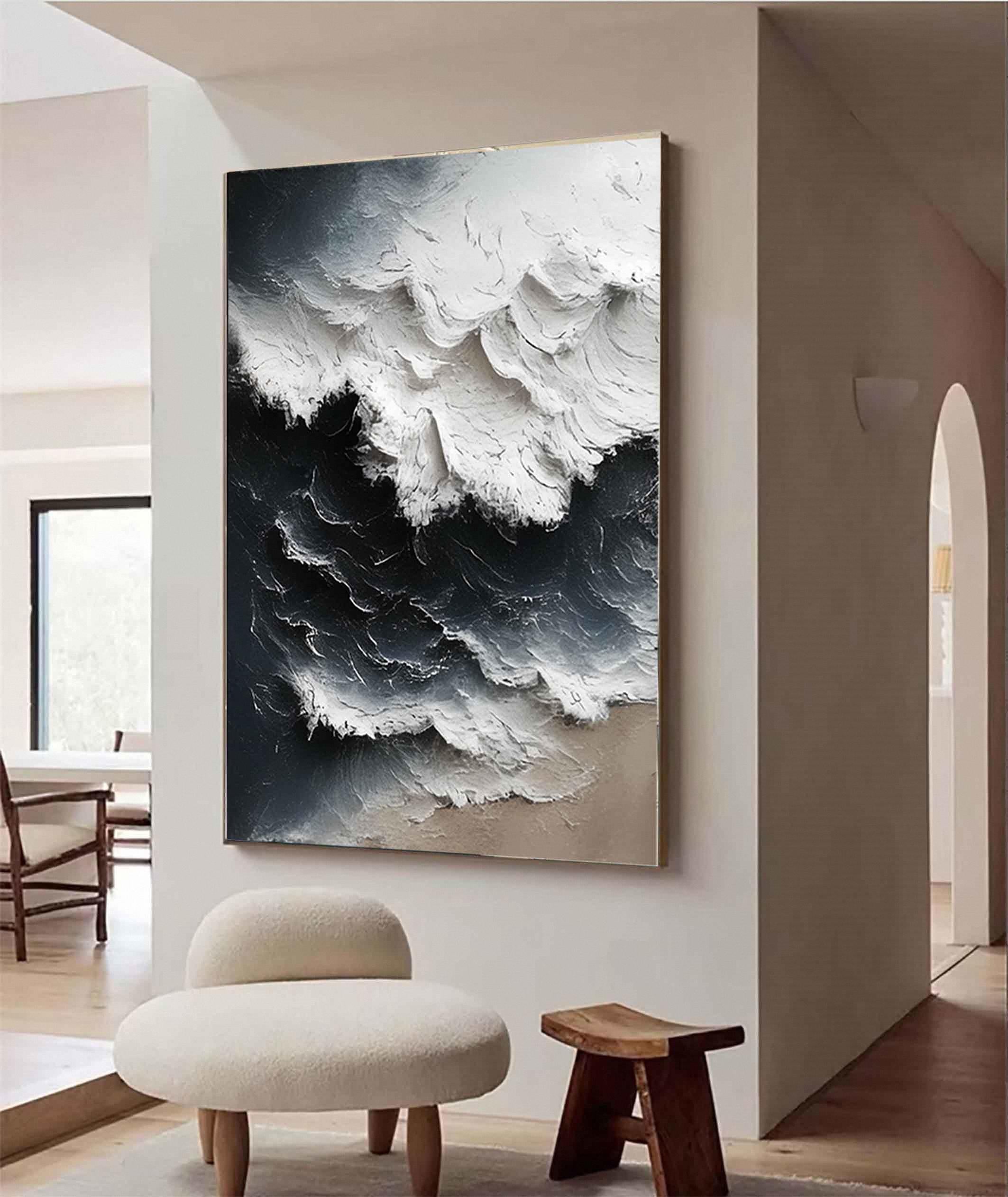 Arctic Surge – Hand-Painted Deep Navy and White Sea Foam 3D Nature Painting | Coastal Modern Living Room & Bedroom Art