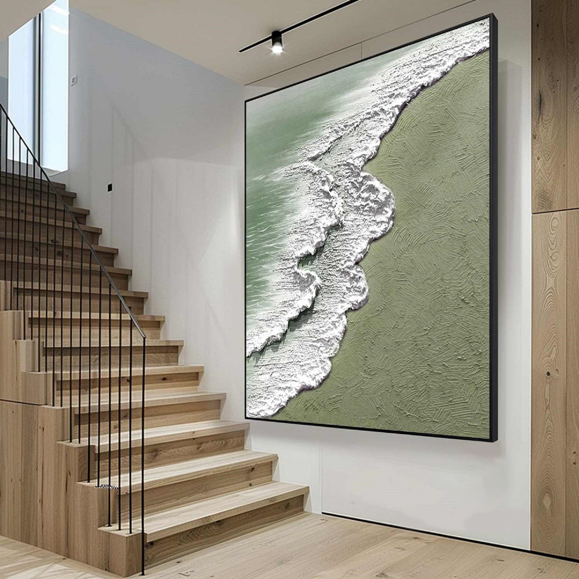 The Silent Shore – Modern Textured Painting | Creative Wabi-Sabi Sage Green Ocean Wave Hallway Art