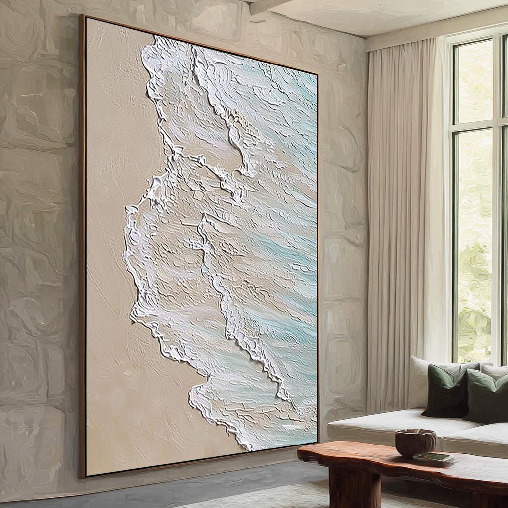 Shoreline Drift – Hand-Painted Ocean Wave Sea Foam 3D Relief Seascape Painting | Coastal Modern Living Room & Bedroom Art