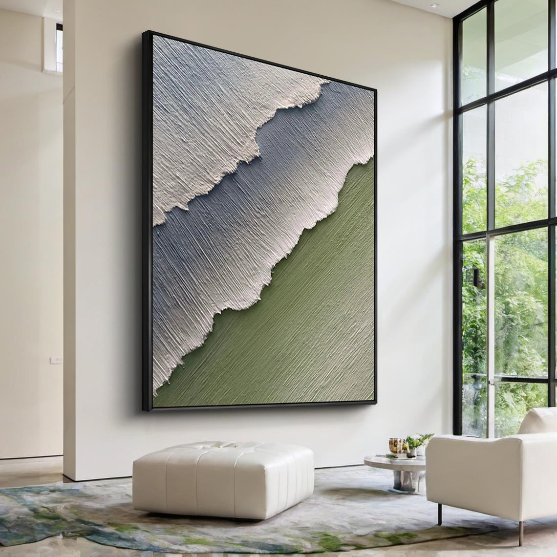 Mint Strata – Minimalist Sage Green Plaster Effect Layered Landscape Painting | Contemporary Landscape Living Room & Dining Room Art