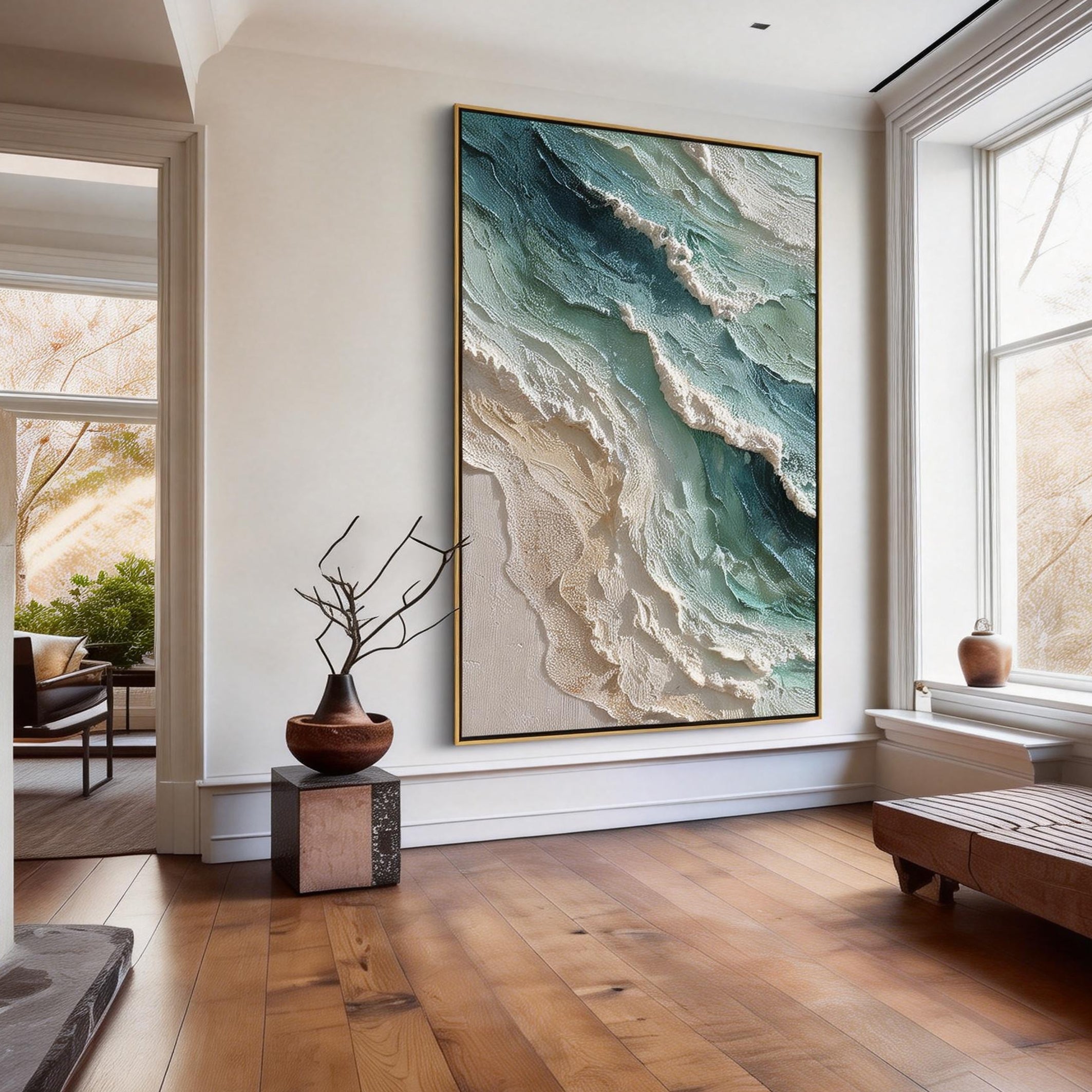Aqua Surge – 3D Heavy Texture Coastal Seascape Hand-Painted Ocean Painting | Coastal Modern Living Room & Bedroom Art