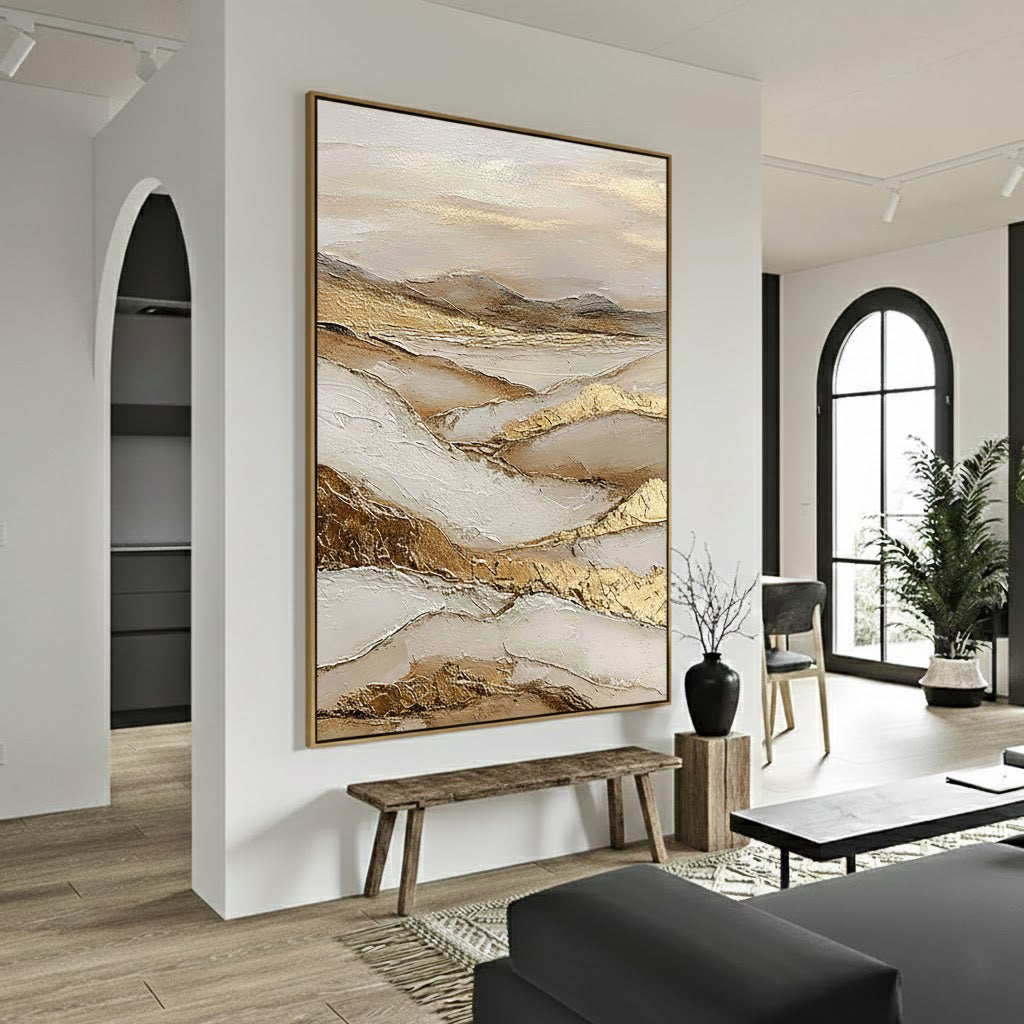 Golden Ridges – Wabi-Sabi Minimalist Earth Tone Impasto Painting | Luxury Textured  Living Room Art