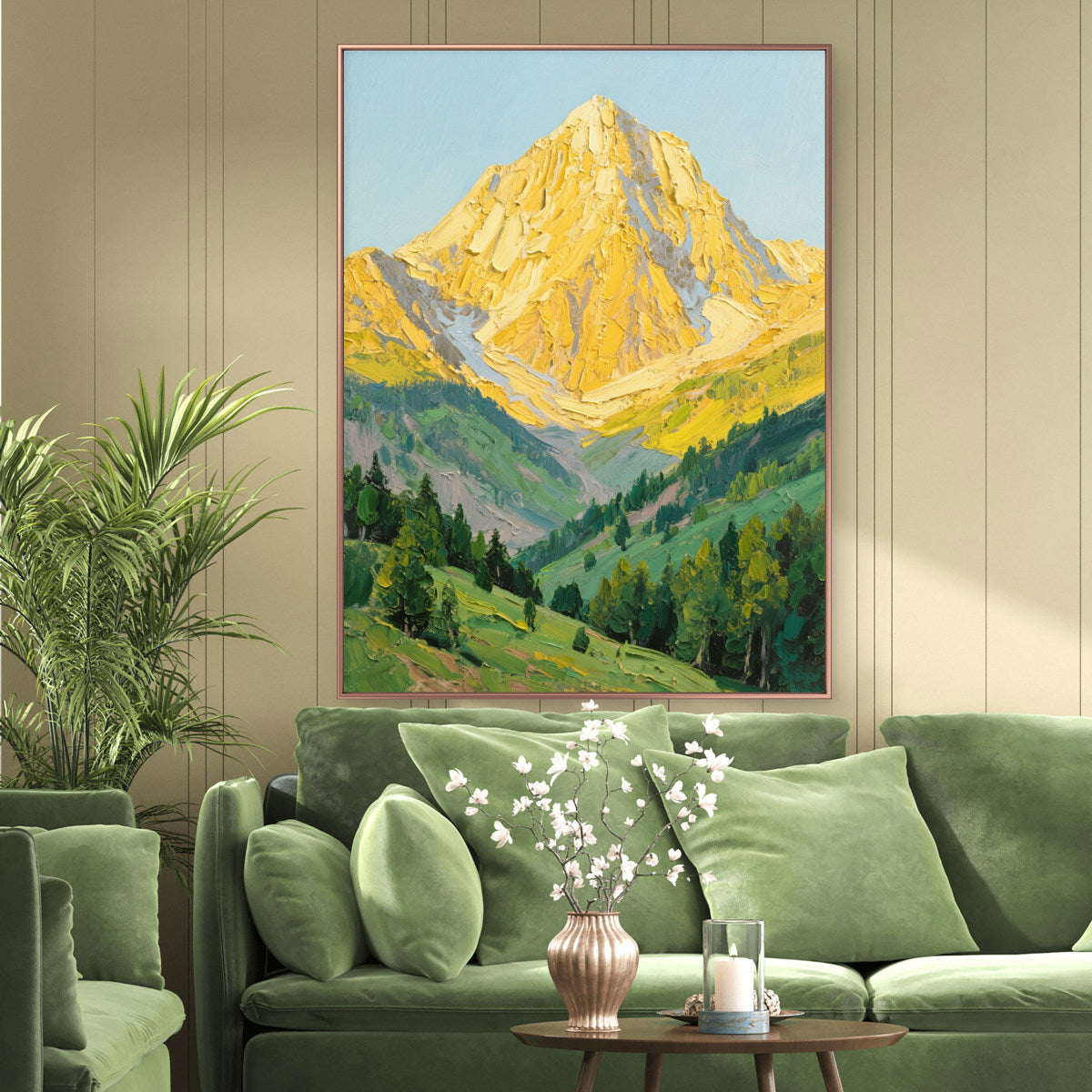 The Radiant Ridge – Contemporary Heavy Impasto Mountain & Valley Painting | Gilded Gold & Meadow Green Hallway Art