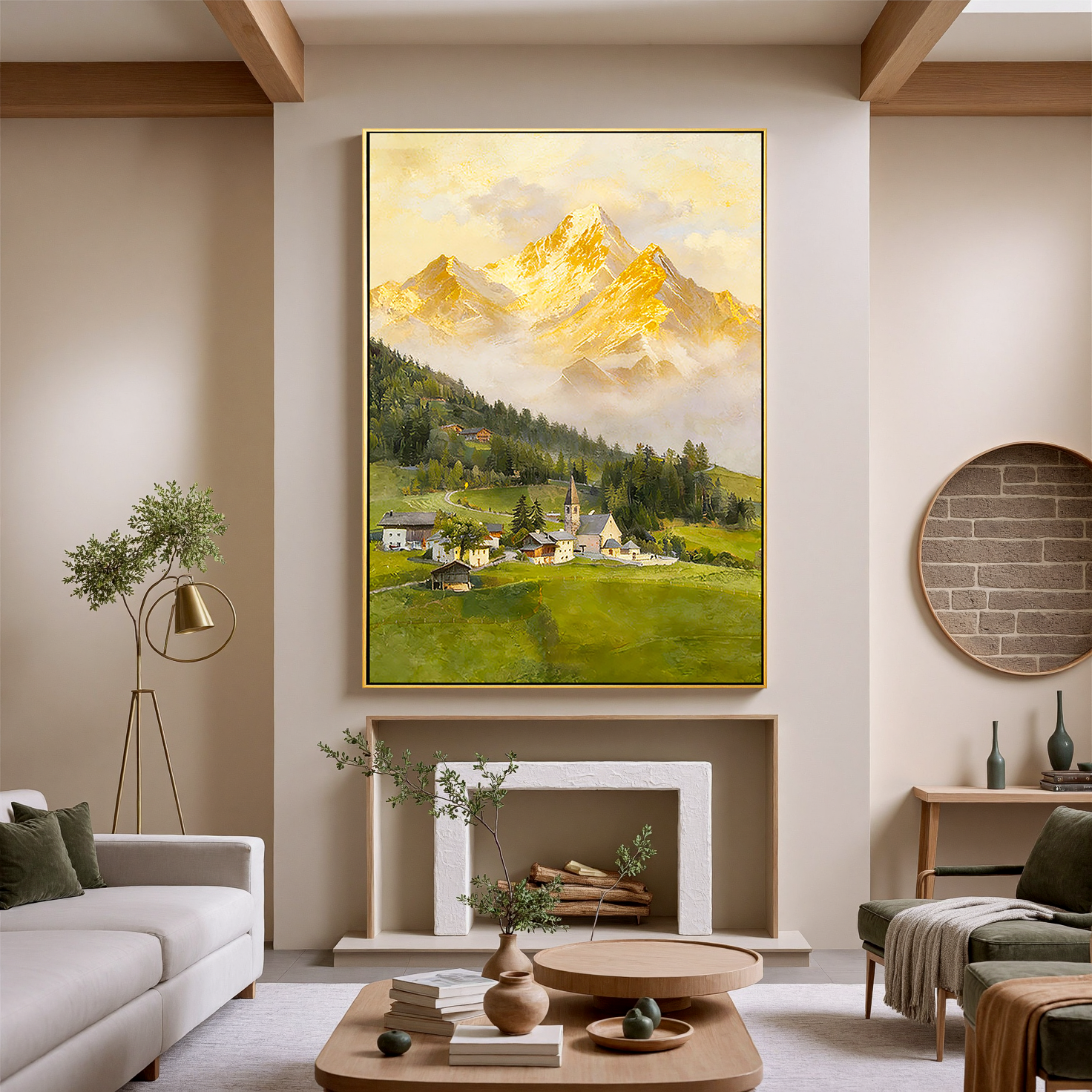The Alpine Echo – Classical Impressionist Golden Hour Painting | Serene Meadow Green Farmhouse Living Room Art
