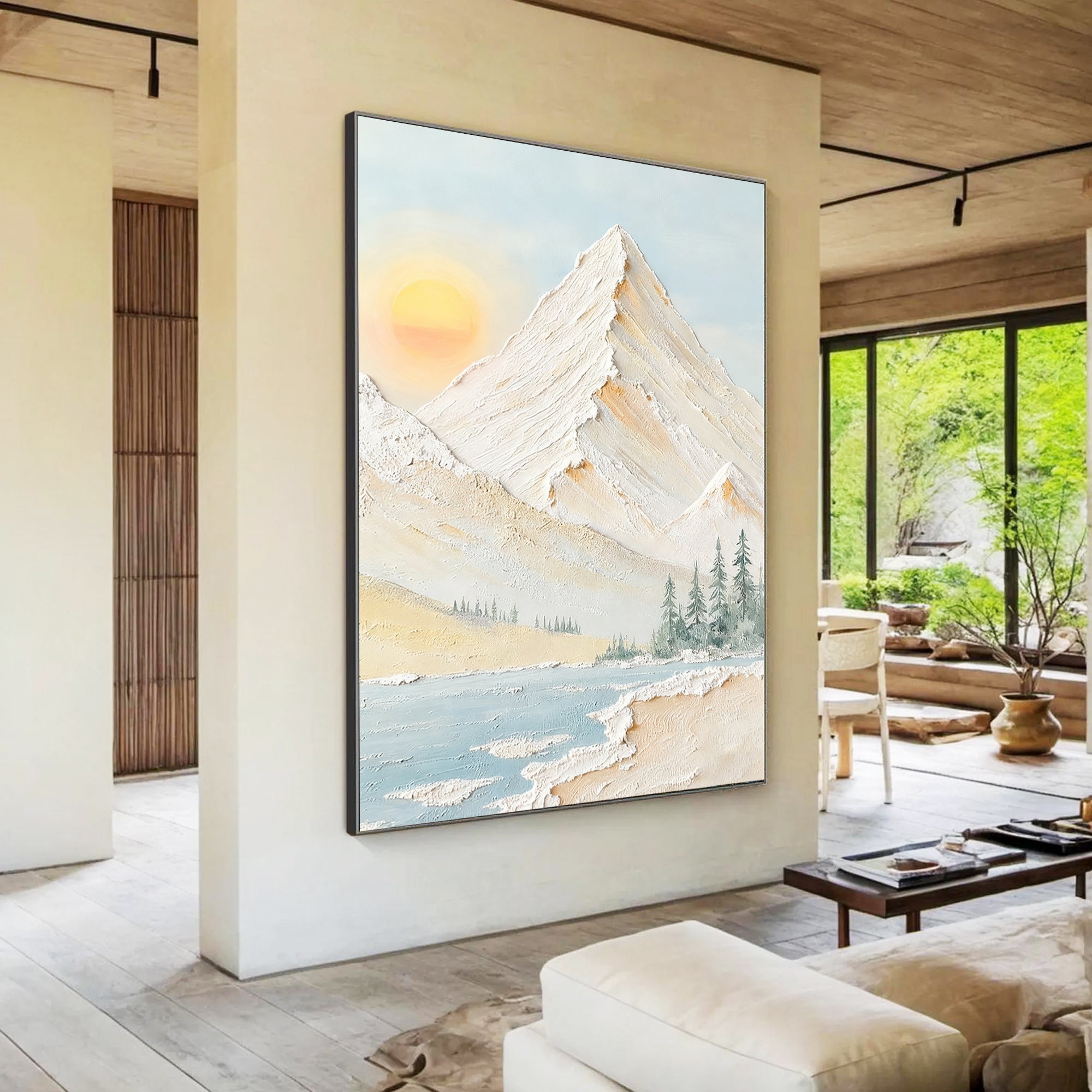 Pale Daylight – Scandinavian Minimalist Sun & Mountain Impasto Painting | Serene Textured Landscape Living Room Art