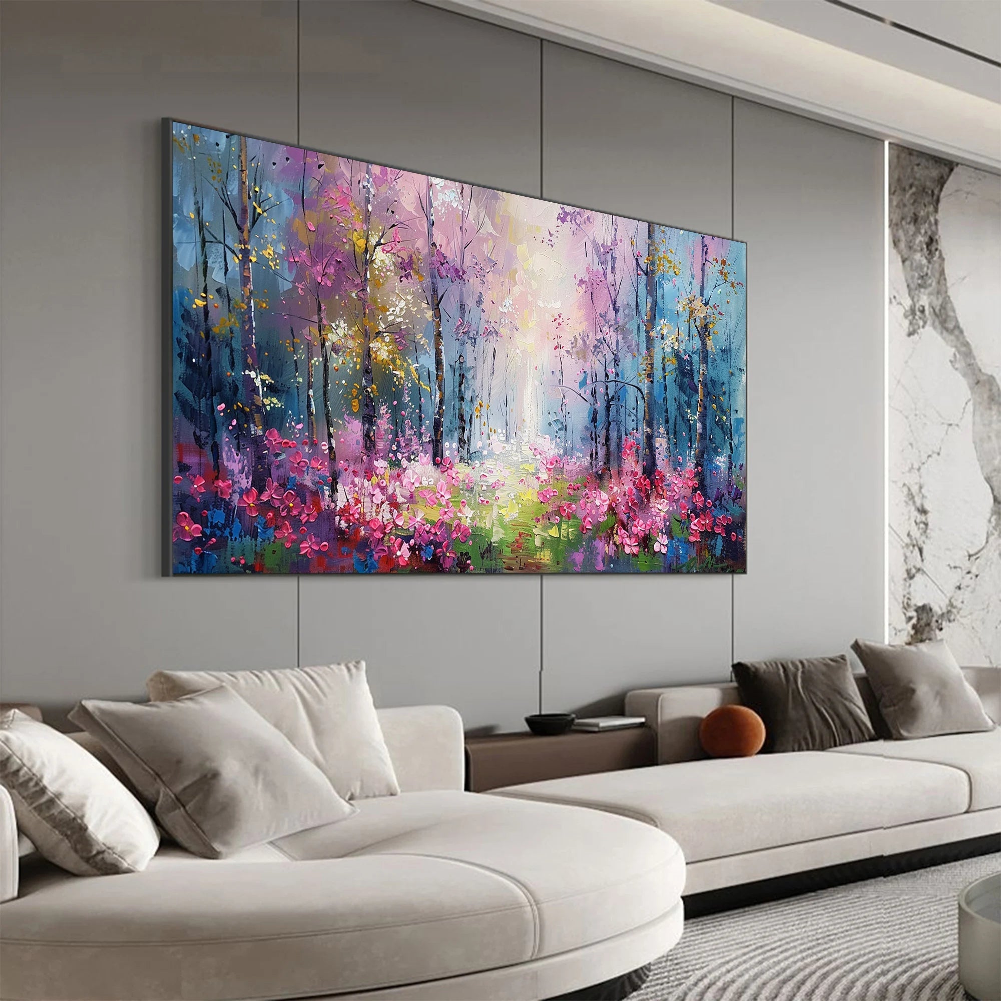 Enchanted Grove – Hand-Painted Purple and Pink Mystic Forest Landscape Painting | Contemporary Landscape Living Room & Dining Room Art