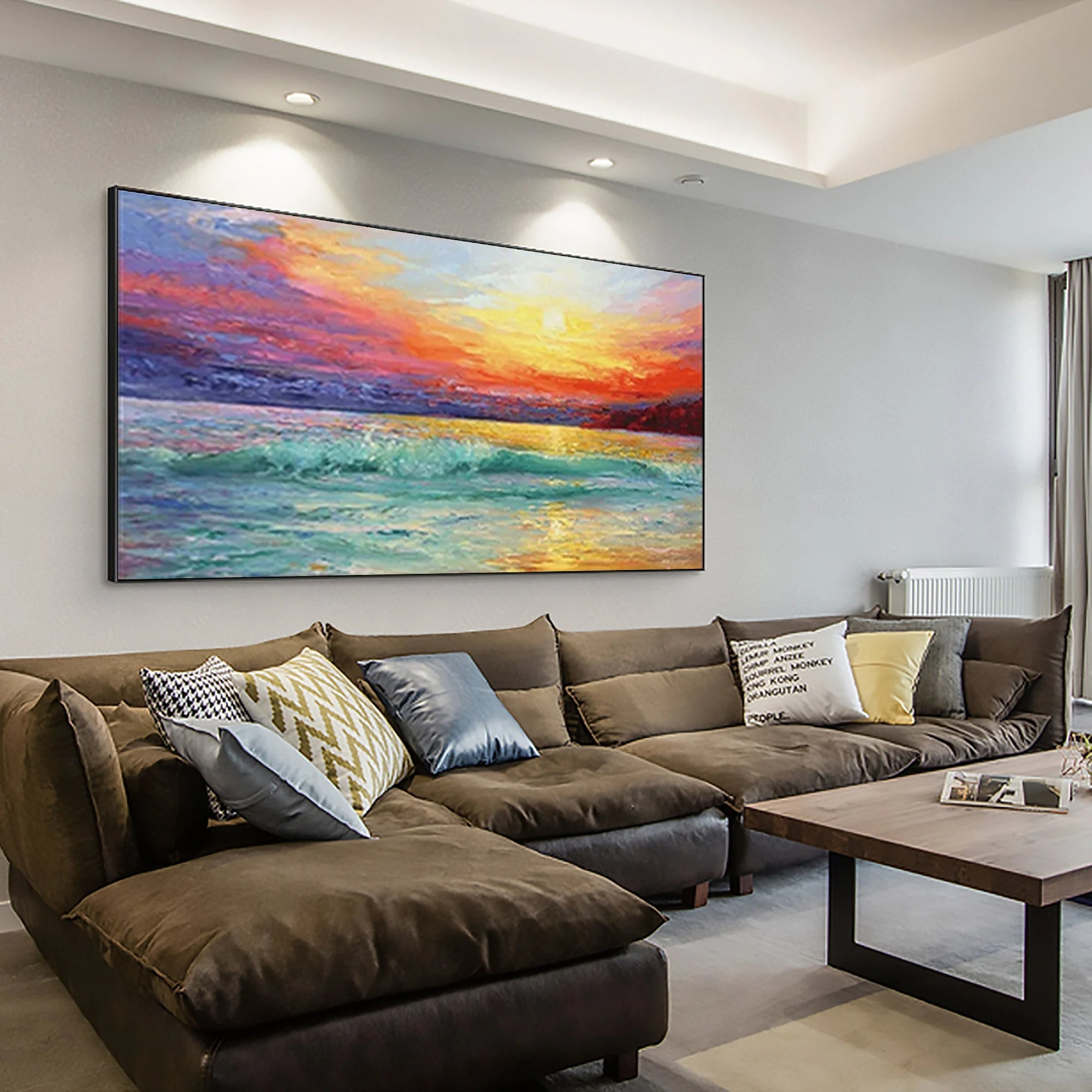 Pacific Glow – Hand-Painted Sunset Ocean Wave 3D Landscape Painting | Coastal Modern Living Room & Bedroom Art