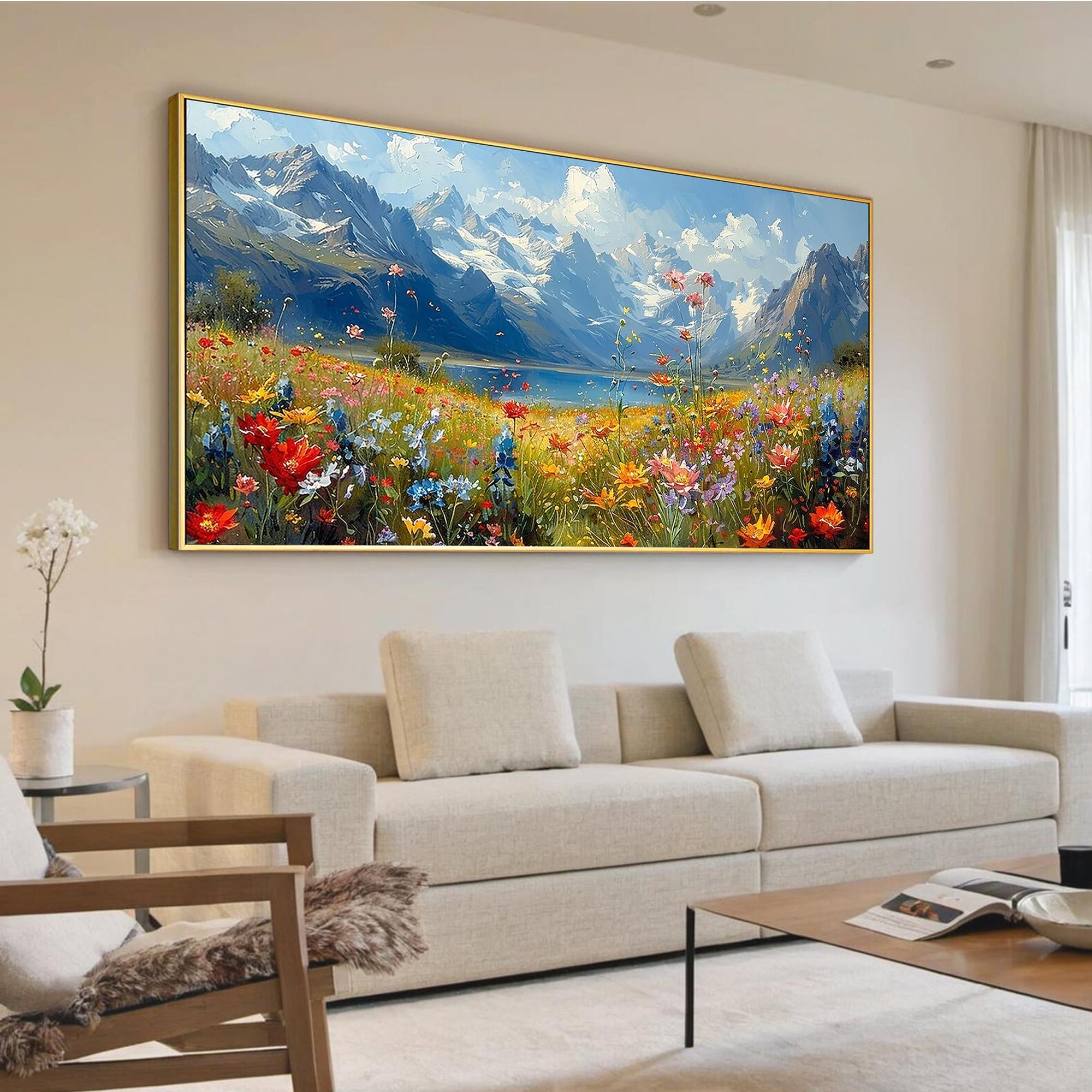 Alpine Bloom – Hand-Painted Snow Mountain and Wildflower Lake Landscape Painting | Contemporary Botanical Bedroom & Living Room Art