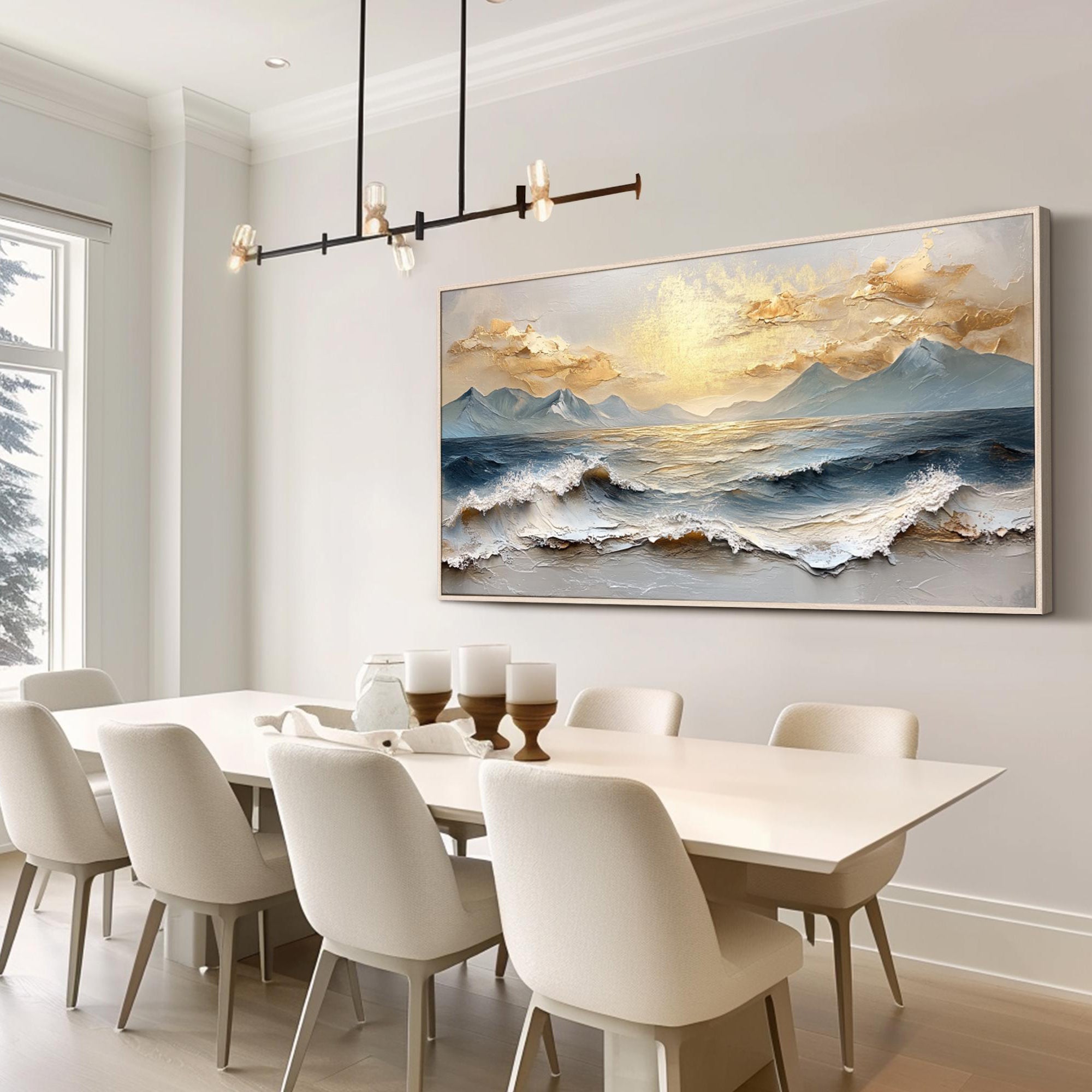 Aurum Tide – Hand-Painted Golden Sunset Mountain Ocean Wave Palette Knife Oil Seascape Painting | Contemporary Mountain Living Room & Home Office Art