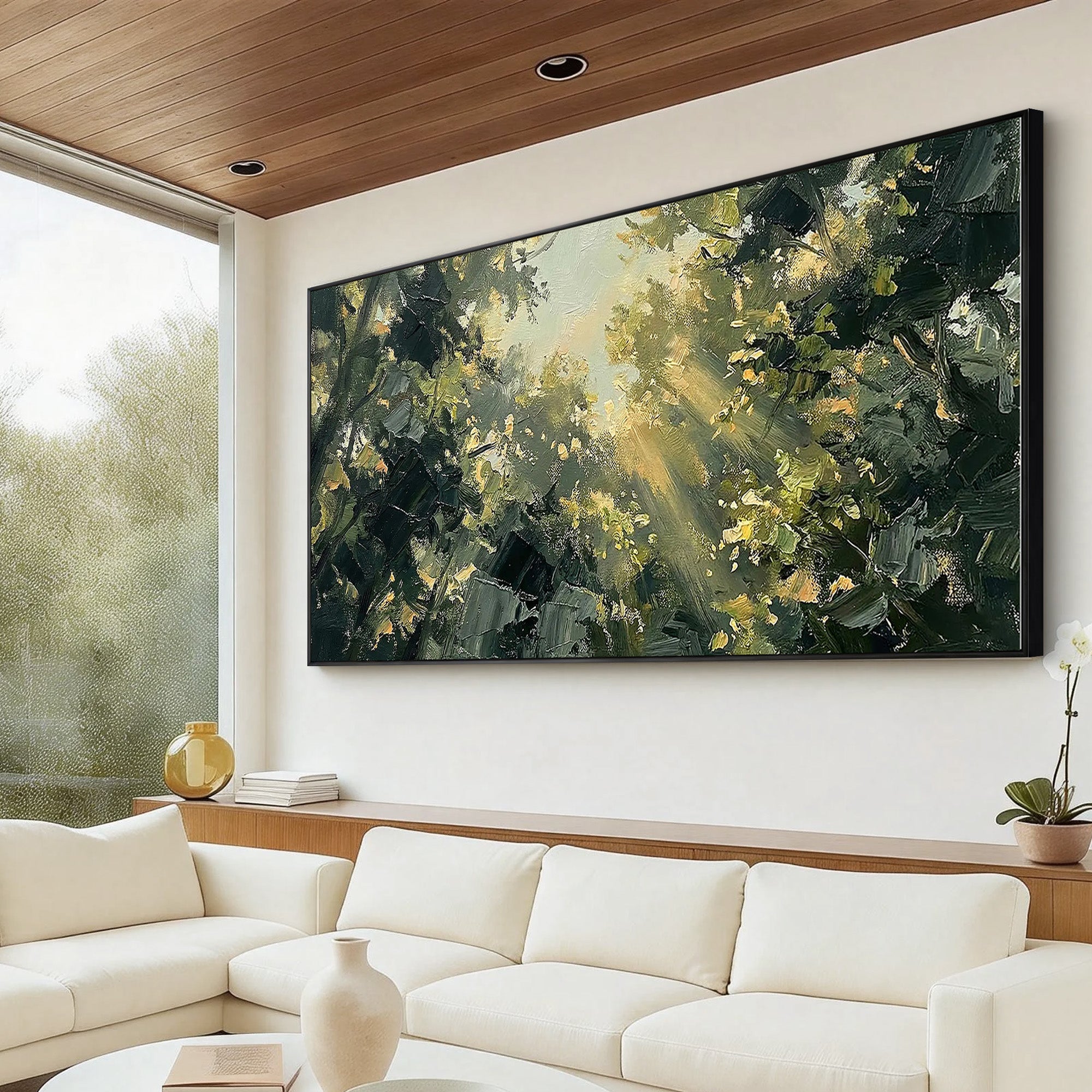 Sunlit Canopy – Hand-Painted Forest Sunlight Impressionist Palette Knife Landscape Painting | Contemporary Landscape Living Room & Dining Room Art