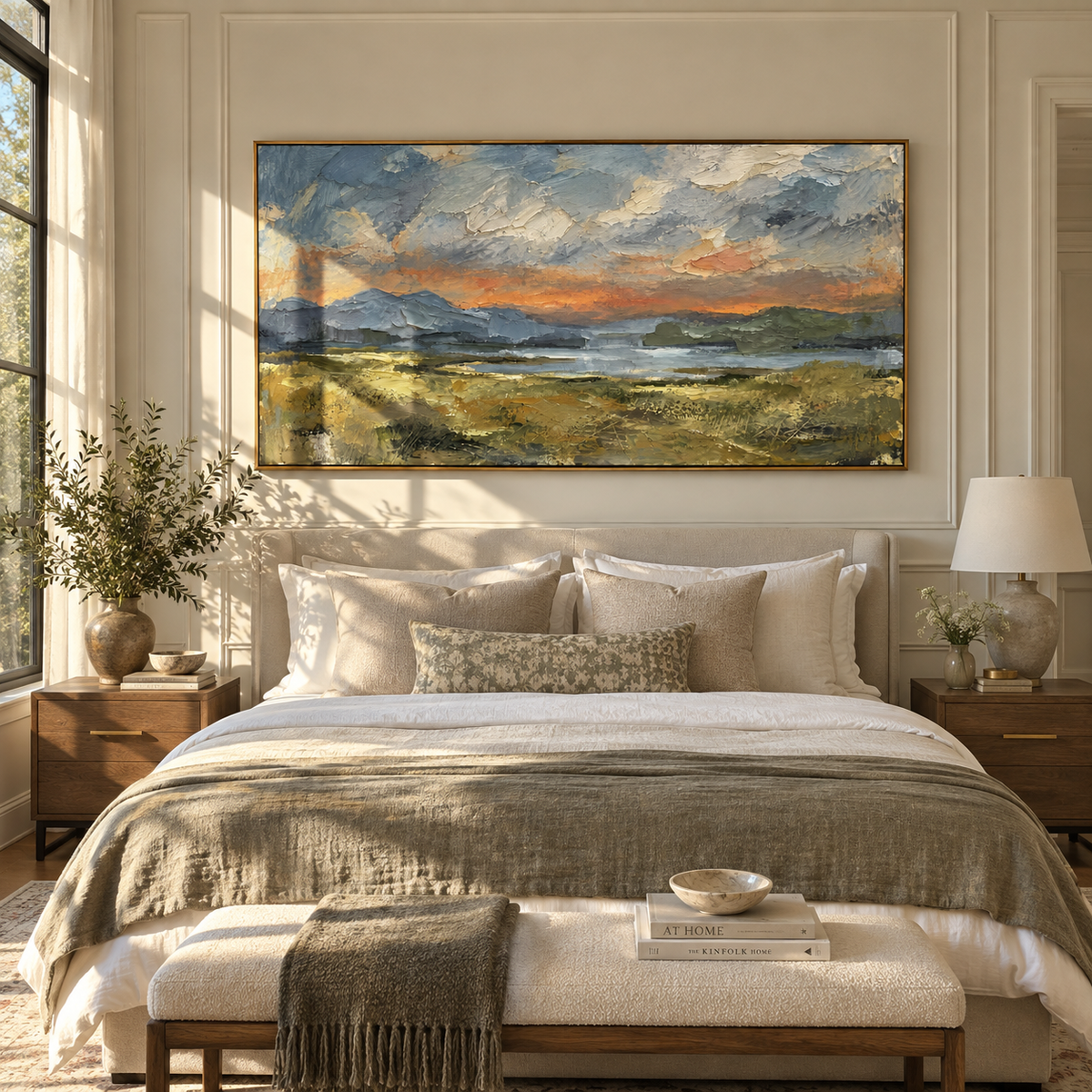 Weather Moves Across Plains muted mountain plain landscape painting displayed in a modern interior
