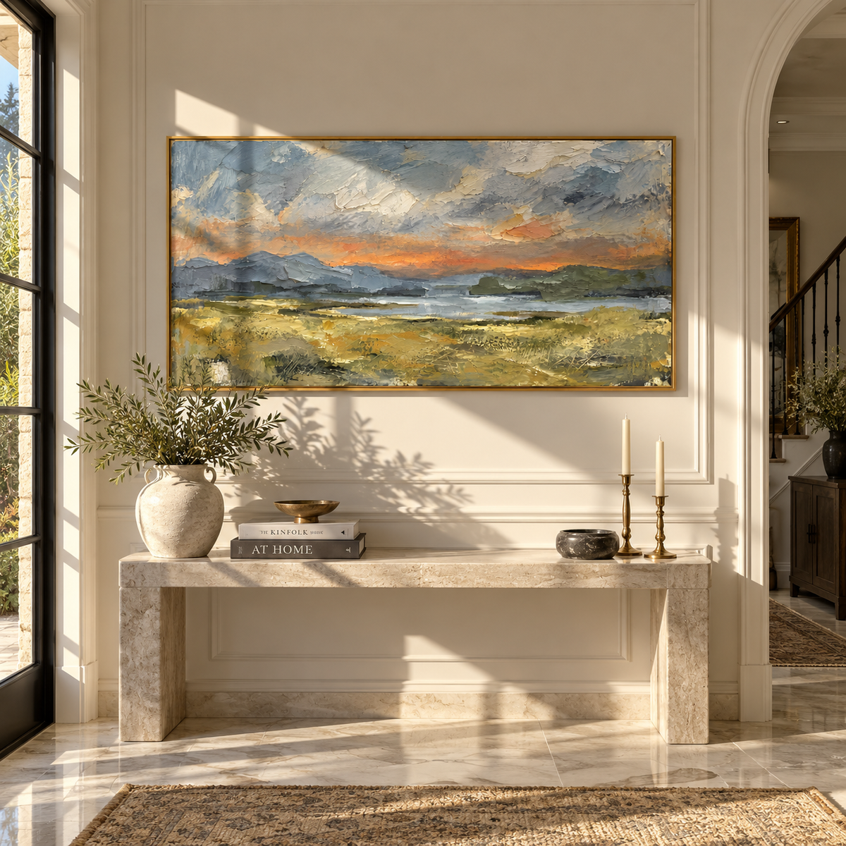 Weather Moves Across Plains textured wall art shown above contemporary furnishings
