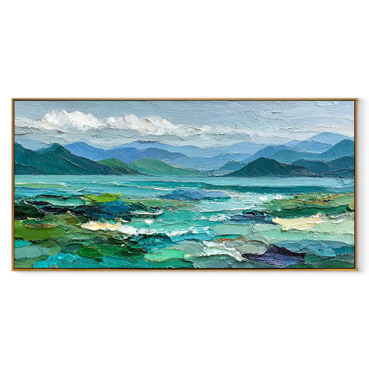 Turquoise Water Beyond Hills panoramic canvas artwork in a wood frame on white