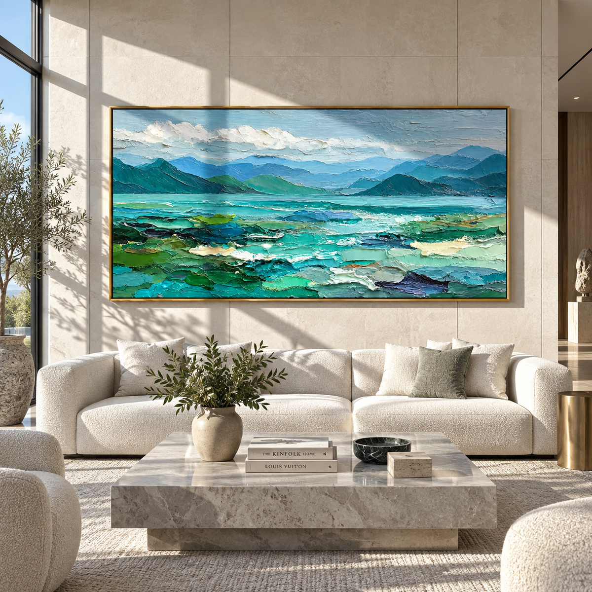 Turquoise Water Beyond Hills textured wall art shown above contemporary furnishings