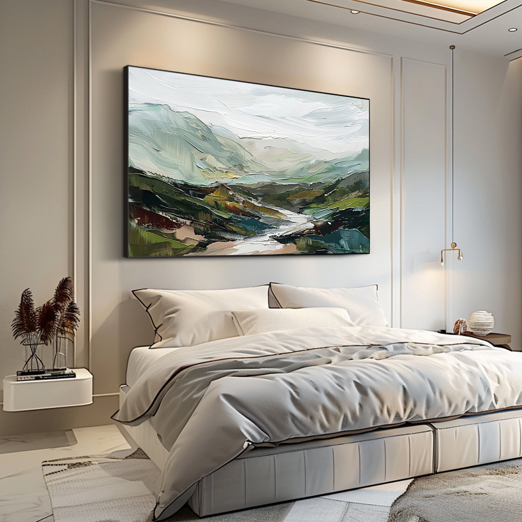 Emerald Valley – Hand-Painted Green Mountain and River Valley Palette Knife Oil Landscape Painting | Contemporary Mountain Living Room & Home Office Art
