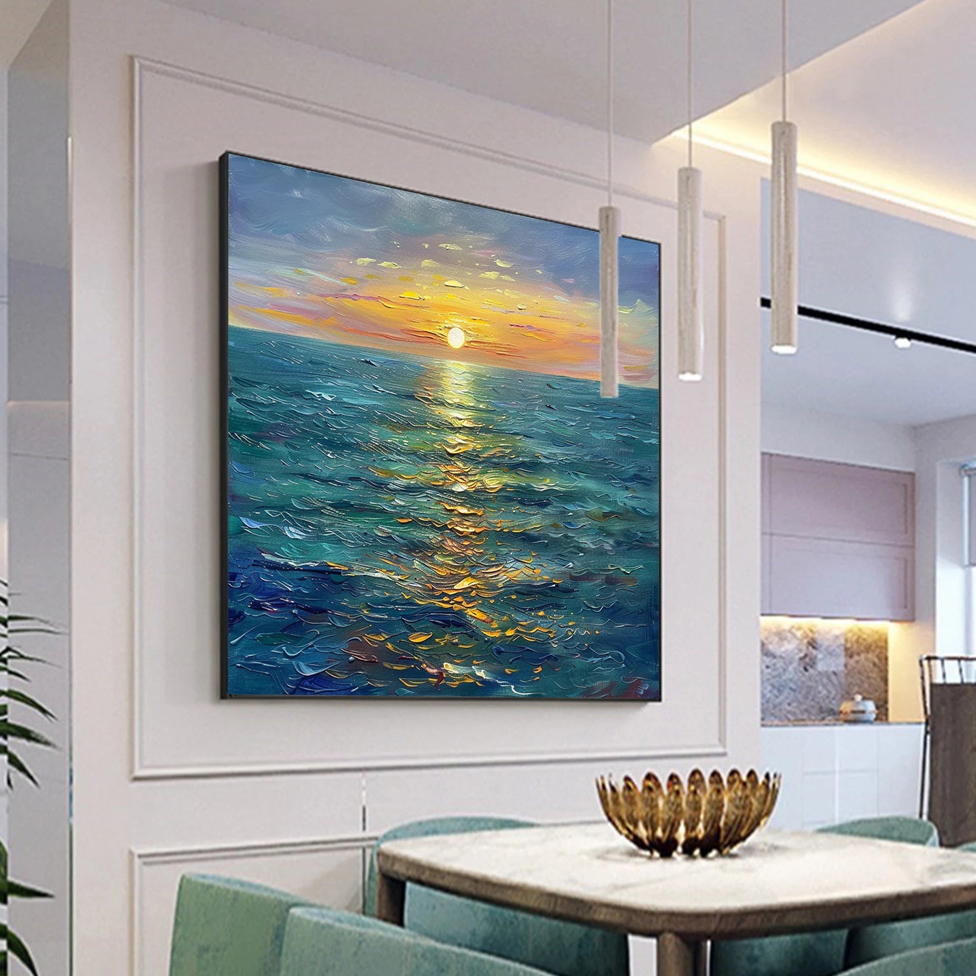 Golden Tide – Hand-Painted Sunset Ocean with Glistening Gold Impasto Landscape Painting | Coastal Modern Living Room & Bedroom Art