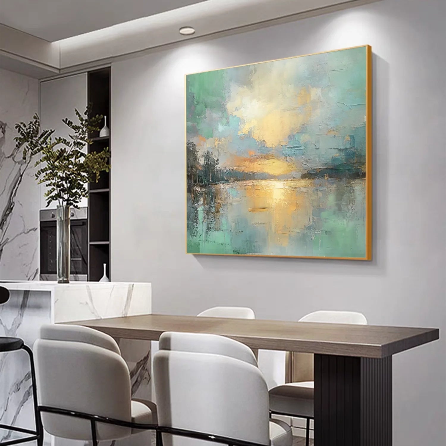 Golden Serenity – Modern Impressionist Landscape Painting | Creative Sunset Lake Hallway Art