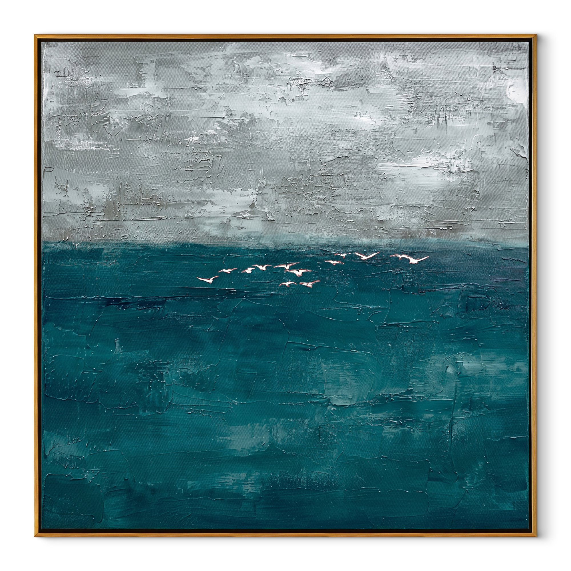 Silver Tides Gathering teal ocean painting with silver-gray sky and white birds, square canvas artwork