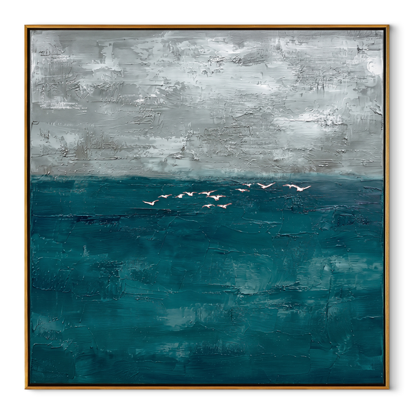 Silver Tides Gathering – Teal Textured Ocean Painting | Coastal Square Living Room Wall Art