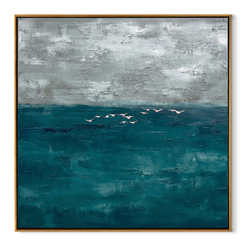 Silver Tides Gathering – Teal Textured Ocean Painting | Coastal Square Living Room Wall Art