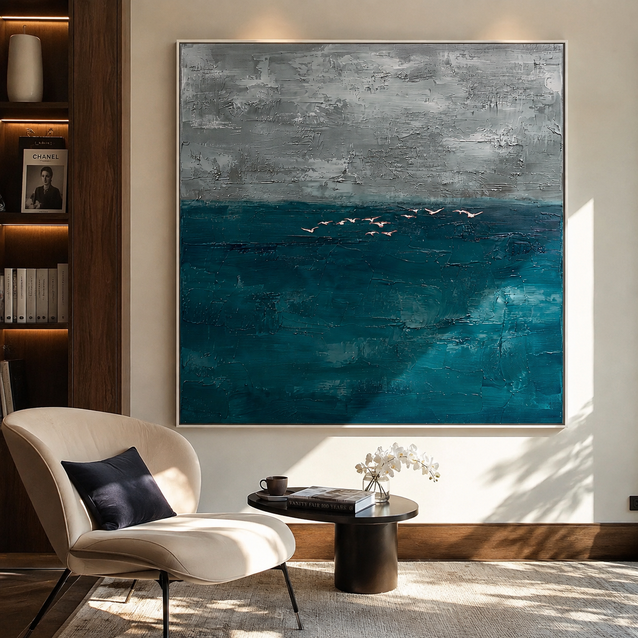 Silver Tides Gathering styled in a quiet reading nook with neutral furnishings