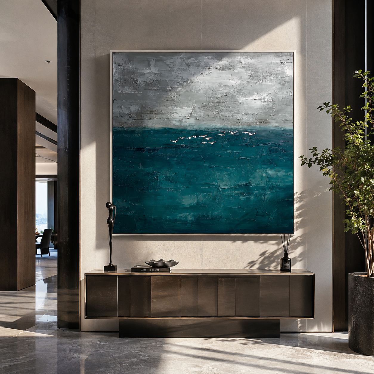 Silver Tides Gathering presented over an entryway console in a contemporary home