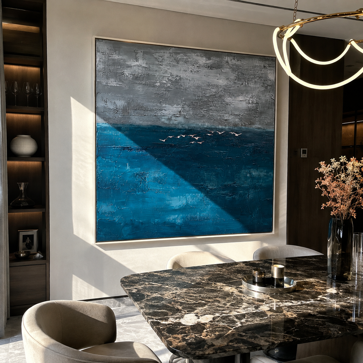 Silver Tides Gathering displayed in a dining room with coordinated modern decor