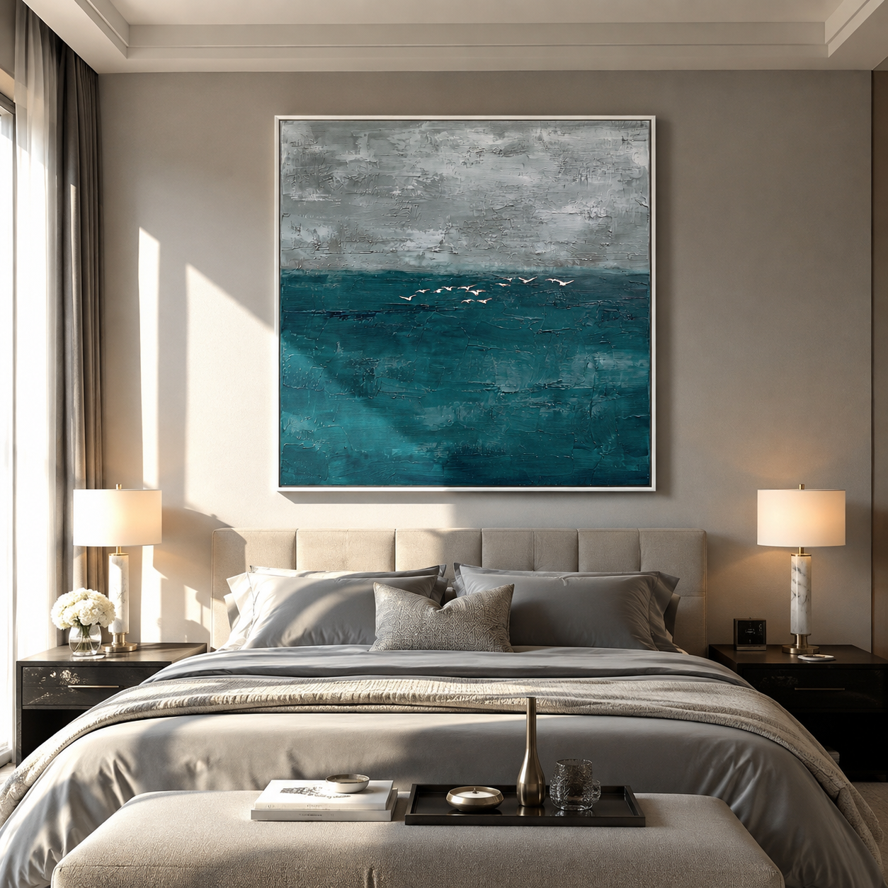 Silver Tides Gathering styled above a bed in a calm, layered bedroom interior