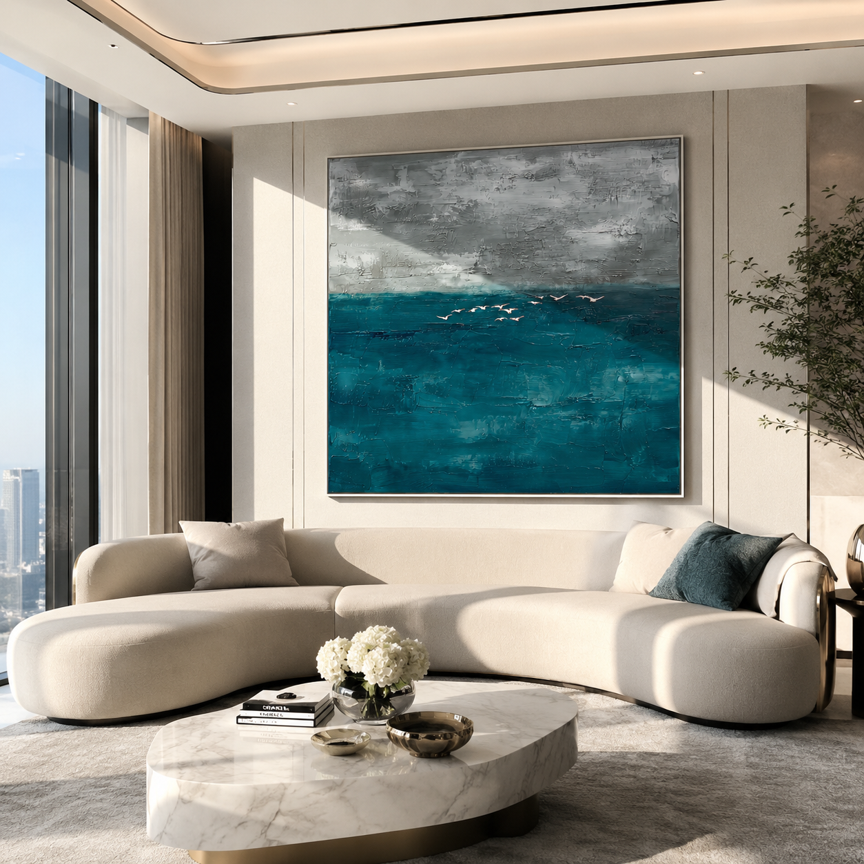 Silver Tides Gathering displayed above a living room sofa in a warm modern interior