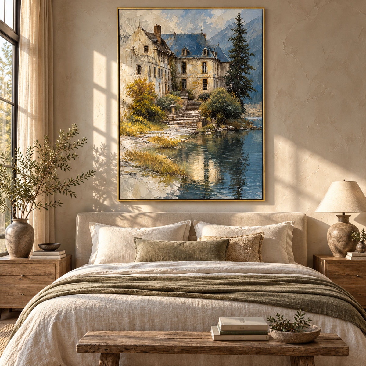 Blue Roof by Water - lakeside manor landscape painting displayed in a styled interior