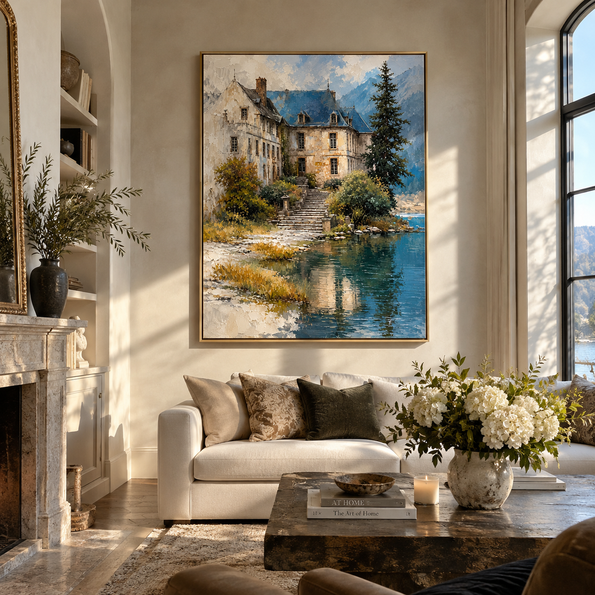 Blue Roof by Water - lakeside manor landscape painting shown in modern room setting 3