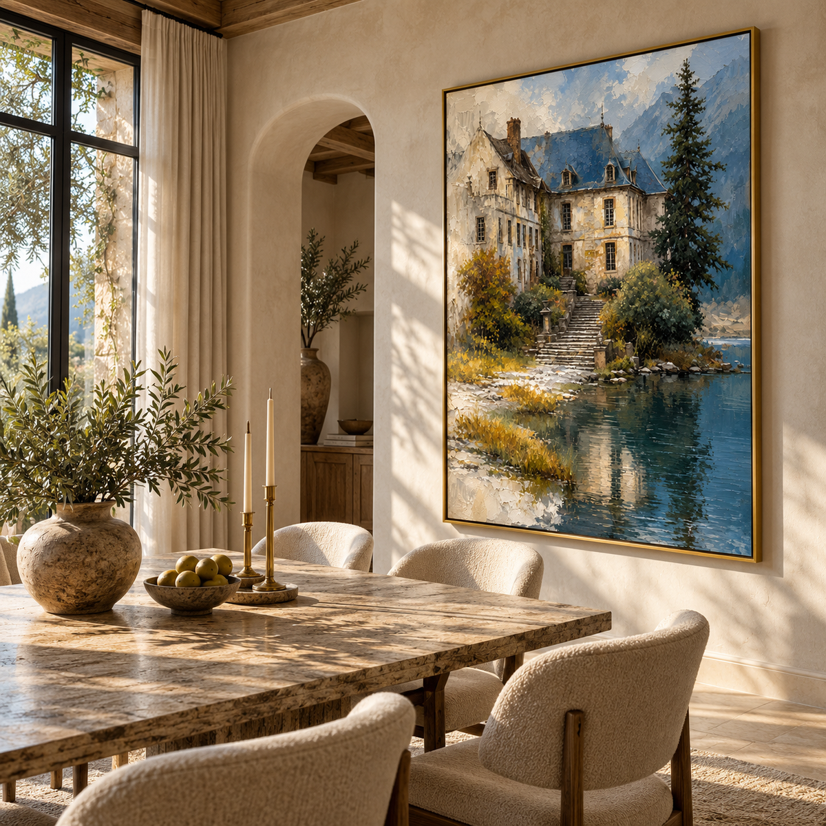 Blue Roof by Water - lakeside manor landscape painting shown in modern room setting 4