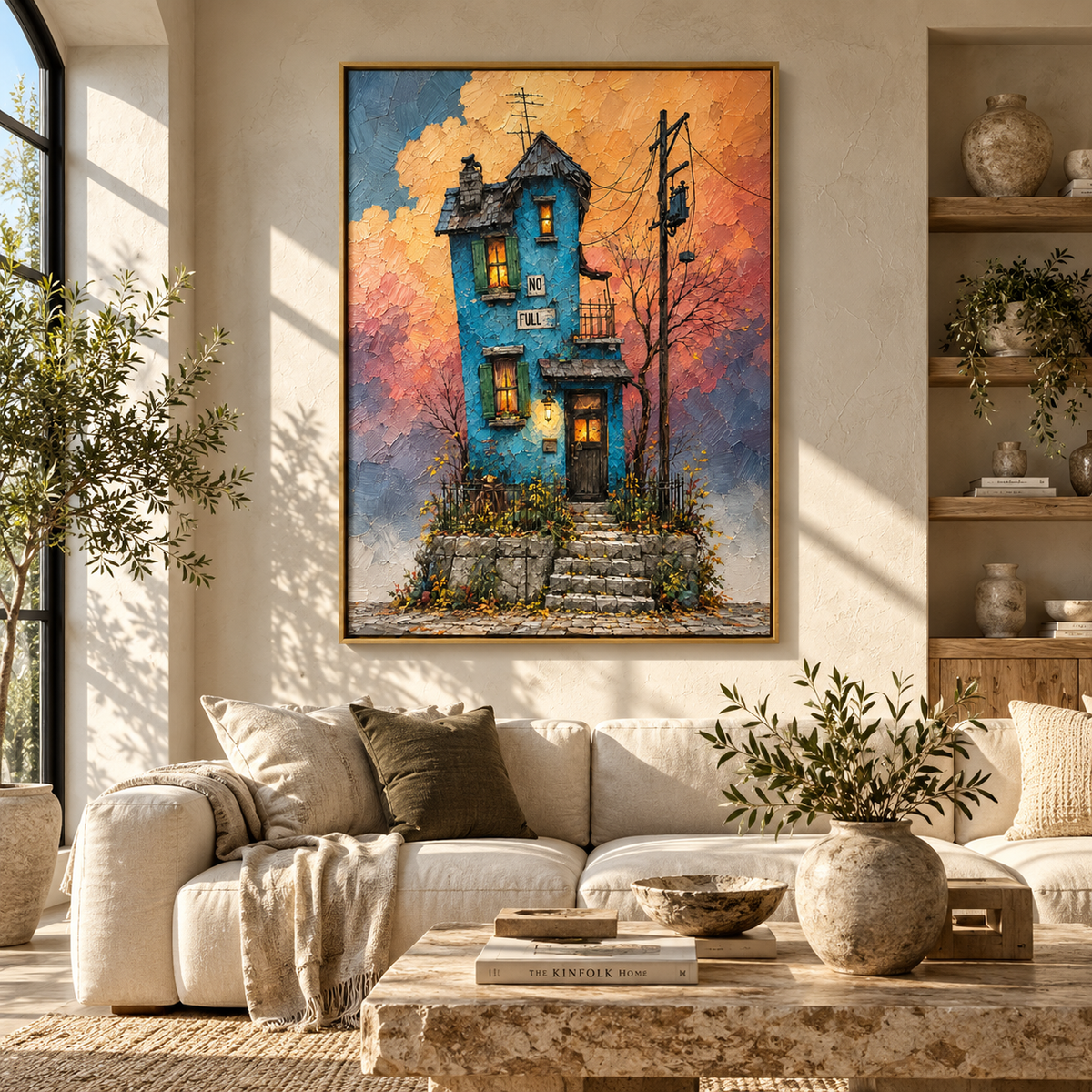 Last Light on Blue - blue townhouse sunset painting shown in modern room setting 2