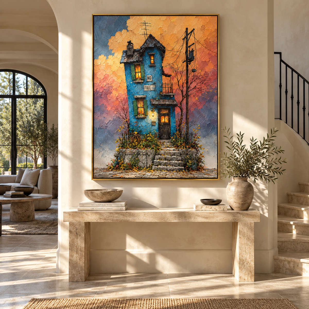Last Light on Blue - blue townhouse sunset painting shown in modern room setting 4