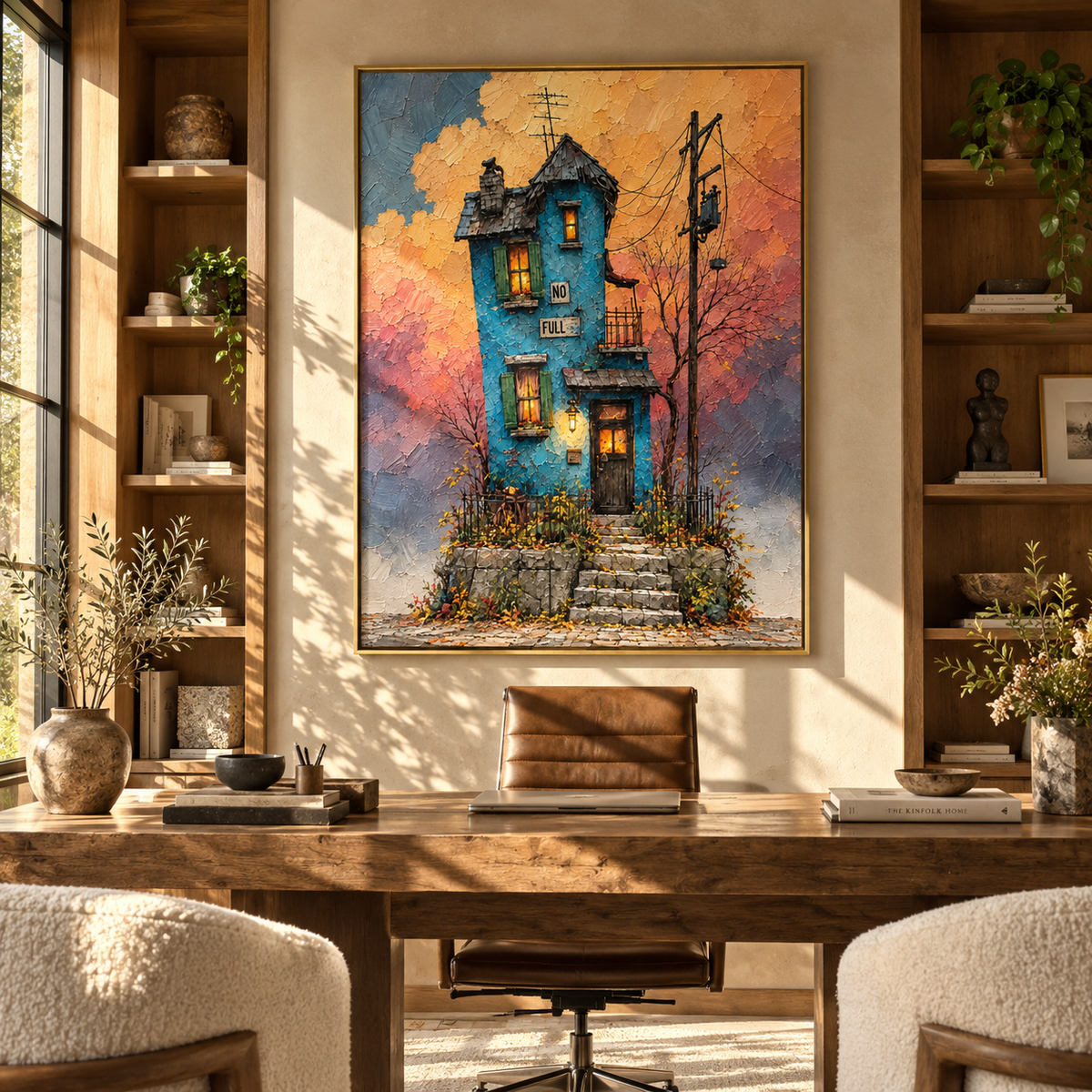 Last Light on Blue - blue townhouse sunset painting shown in modern room setting 5