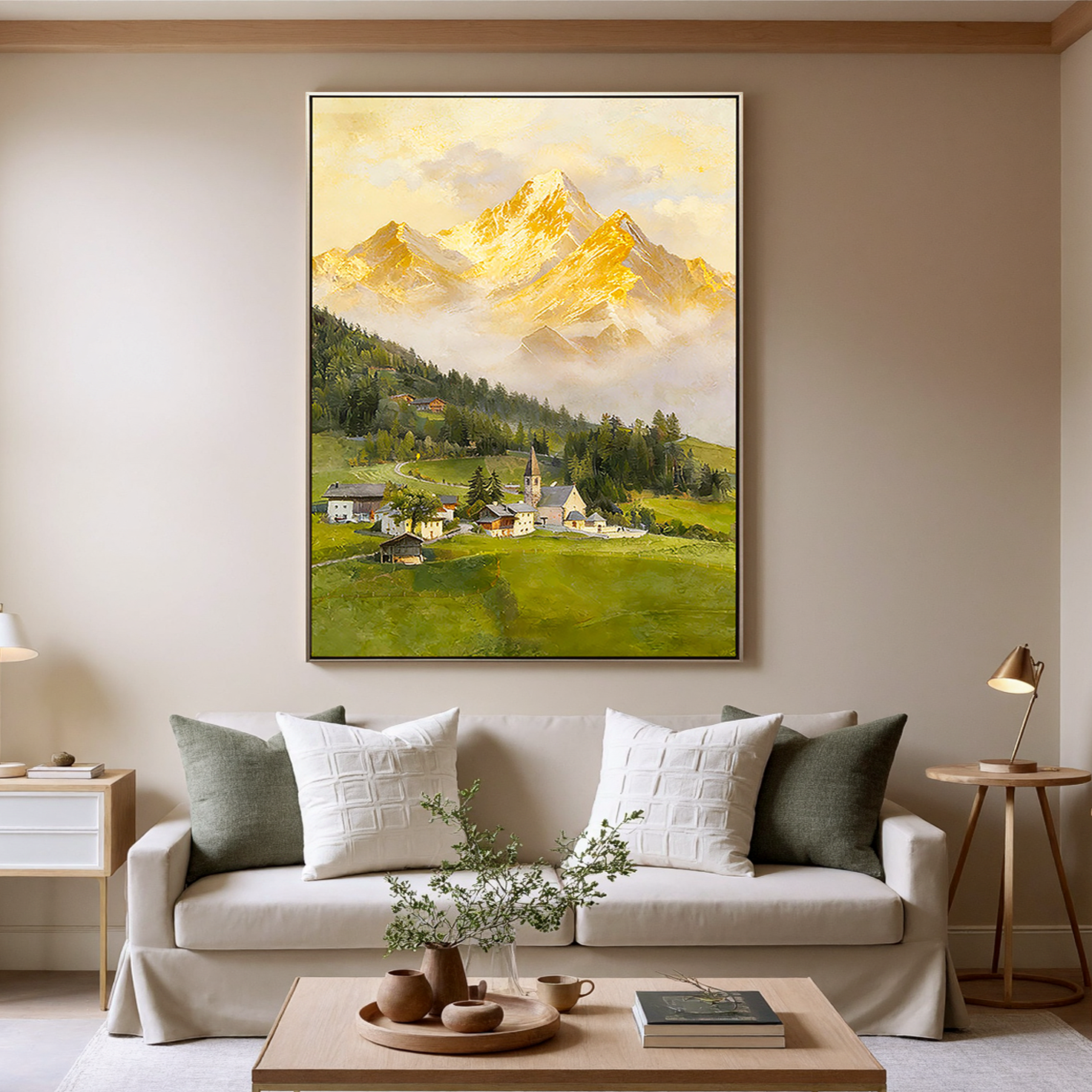 The Alpine Echo – Classical Impressionist Golden Hour Painting | Serene Meadow Green Farmhouse Living Room Art