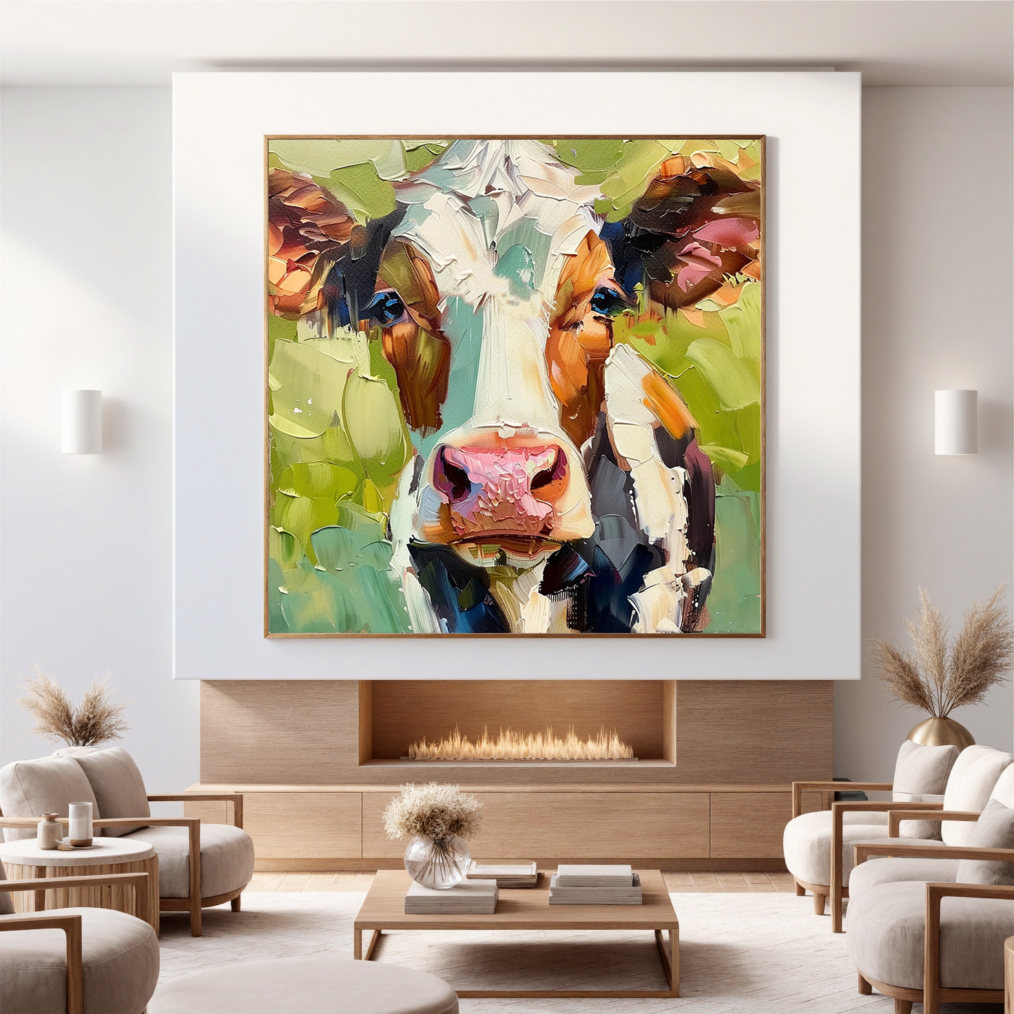 Barnyard Serenade – Modern Heavy Impasto Cow Portrait Painting | Rustic Farmhouse Living Room Art
