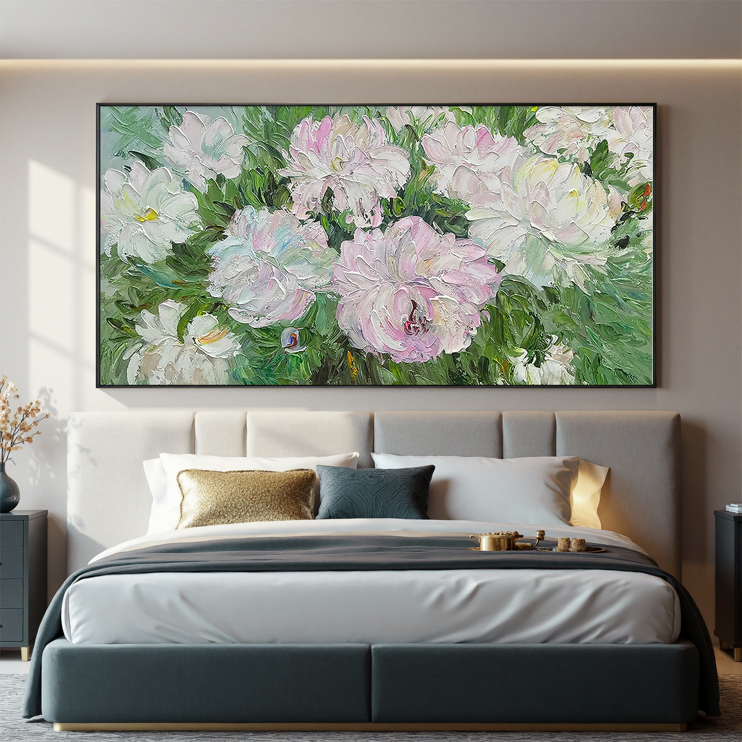 Spring Bloom – Pink & White Impasto Peony Floral Painting | French Vintage Bedroom Romantic Art