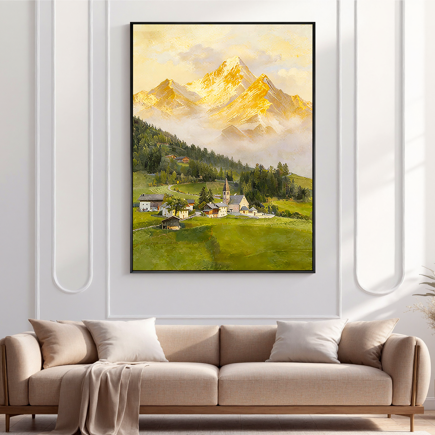 The Alpine Echo – Classical Impressionist Golden Hour Painting | Serene Meadow Green Farmhouse Living Room Art