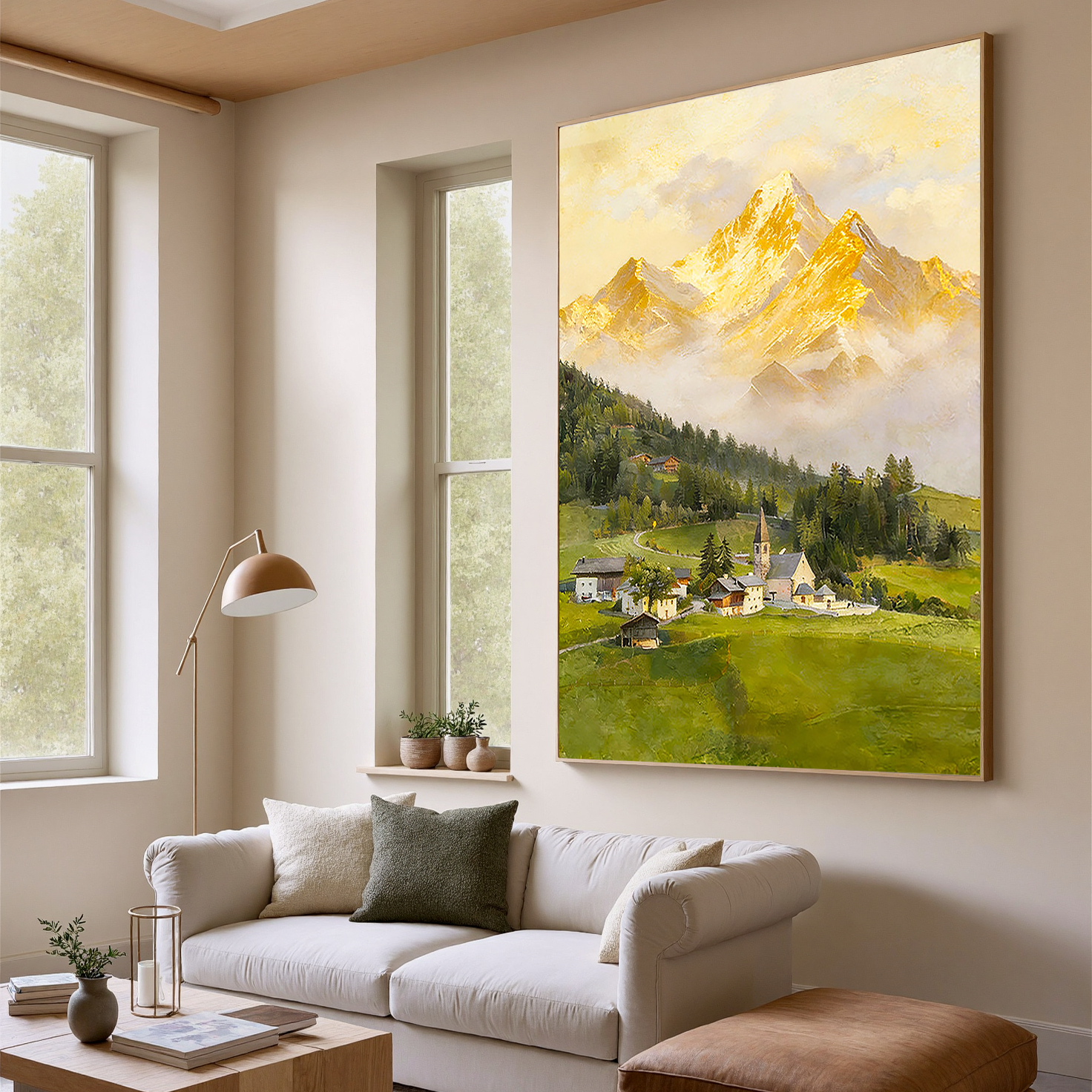 The Alpine Echo – Classical Impressionist Golden Hour Painting | Serene Meadow Green Farmhouse Living Room Art