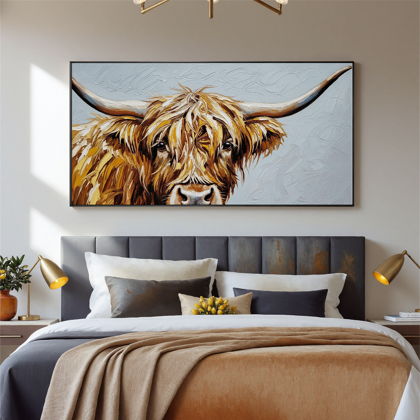 Gentle Wild – Modern Hand-painted Highland Cow Impasto Painting | Rustic Farmhouse Living Room Art