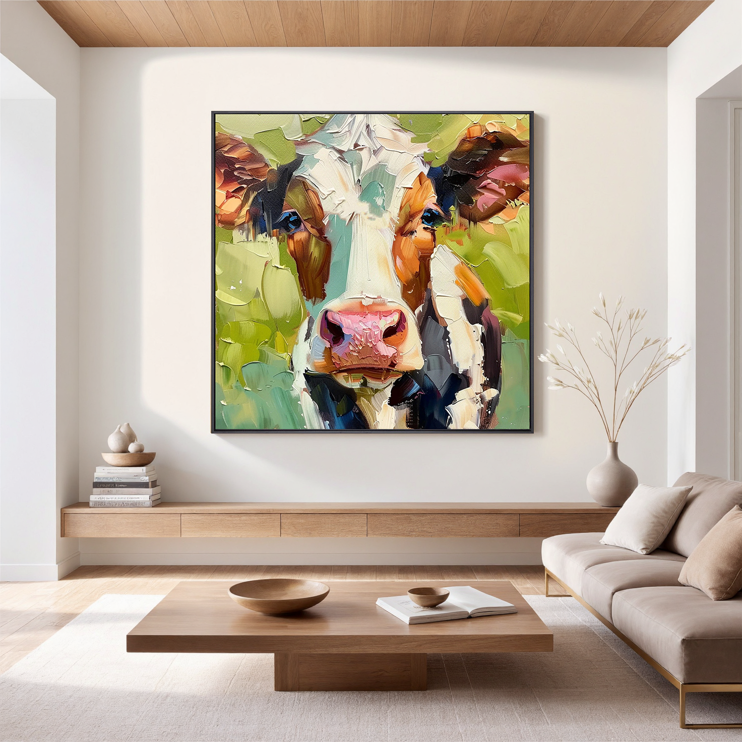Barnyard Serenade – Modern Heavy Impasto Cow Portrait Painting | Rustic Farmhouse Living Room Art