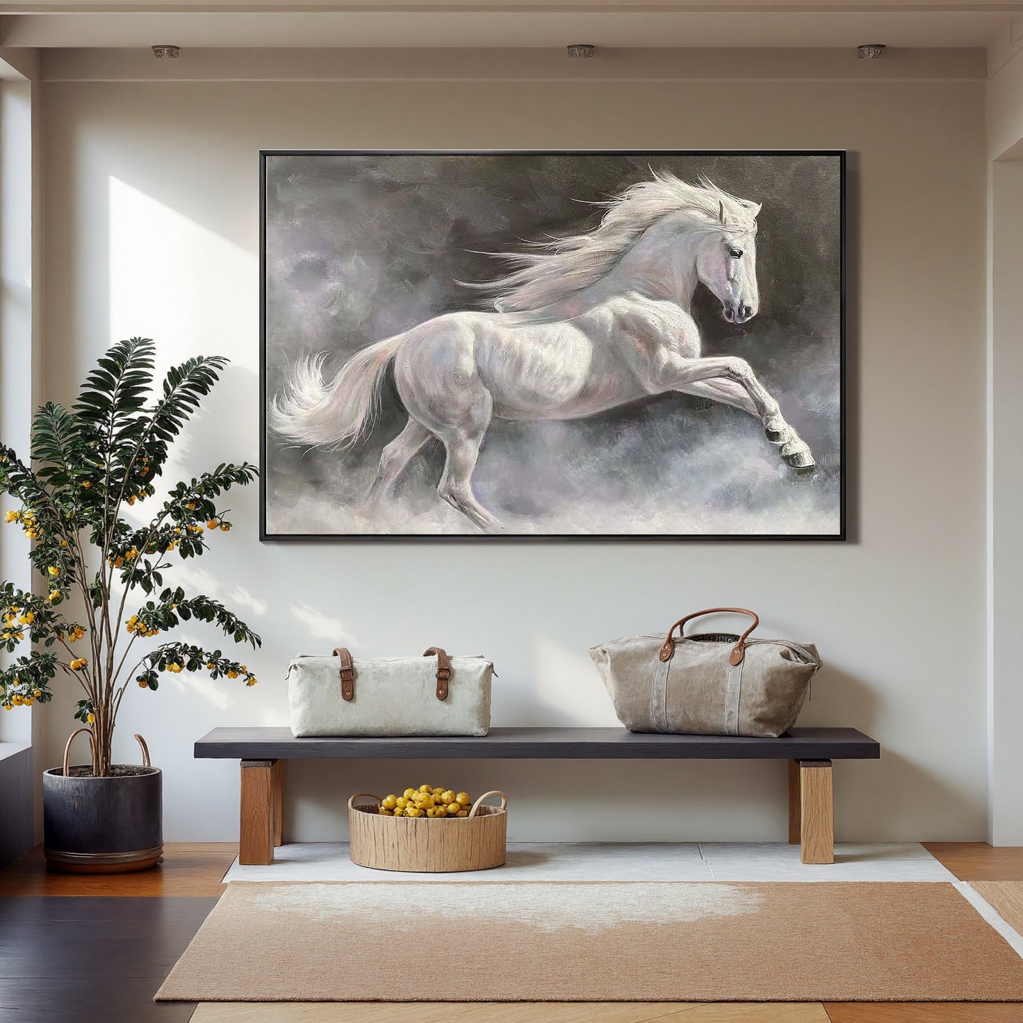 MISTY GALLOP: Panoramic White Horse Wall Art, 3D Heavy Texture Running Horse Art