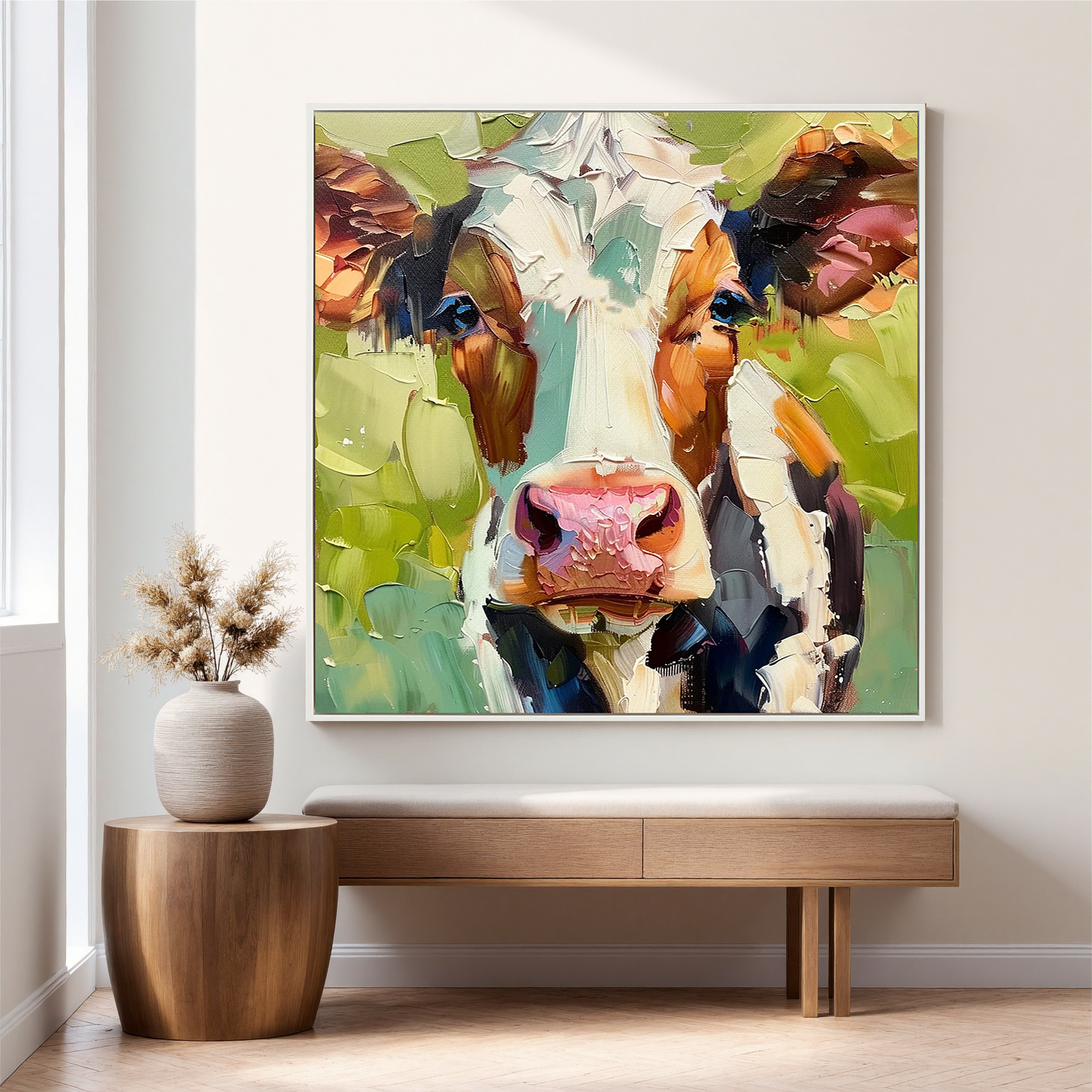 Barnyard Serenade – Modern Heavy Impasto Cow Portrait Painting | Rustic Farmhouse Living Room Art
