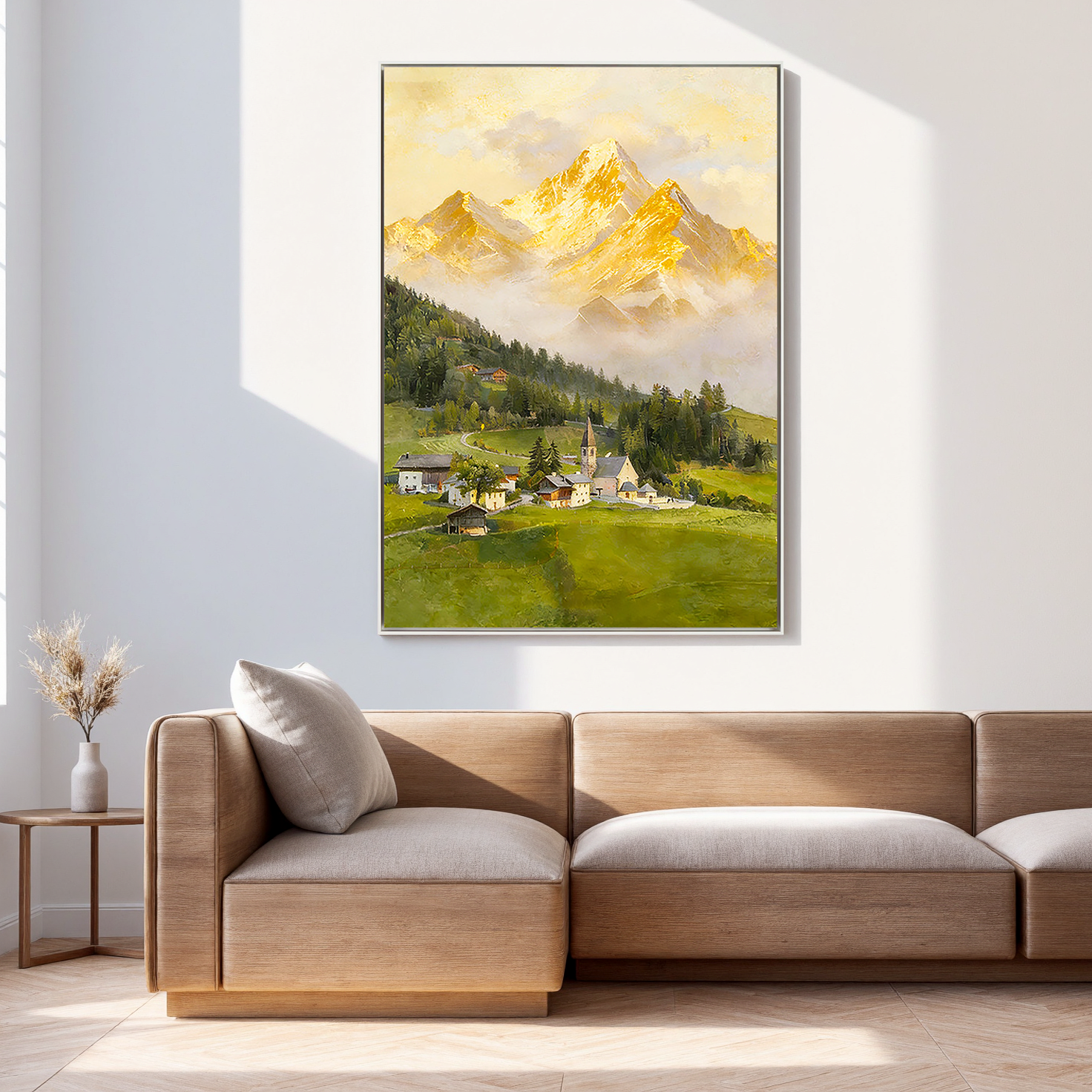The Alpine Echo – Classical Impressionist Golden Hour Painting | Serene Meadow Green Farmhouse Living Room Art